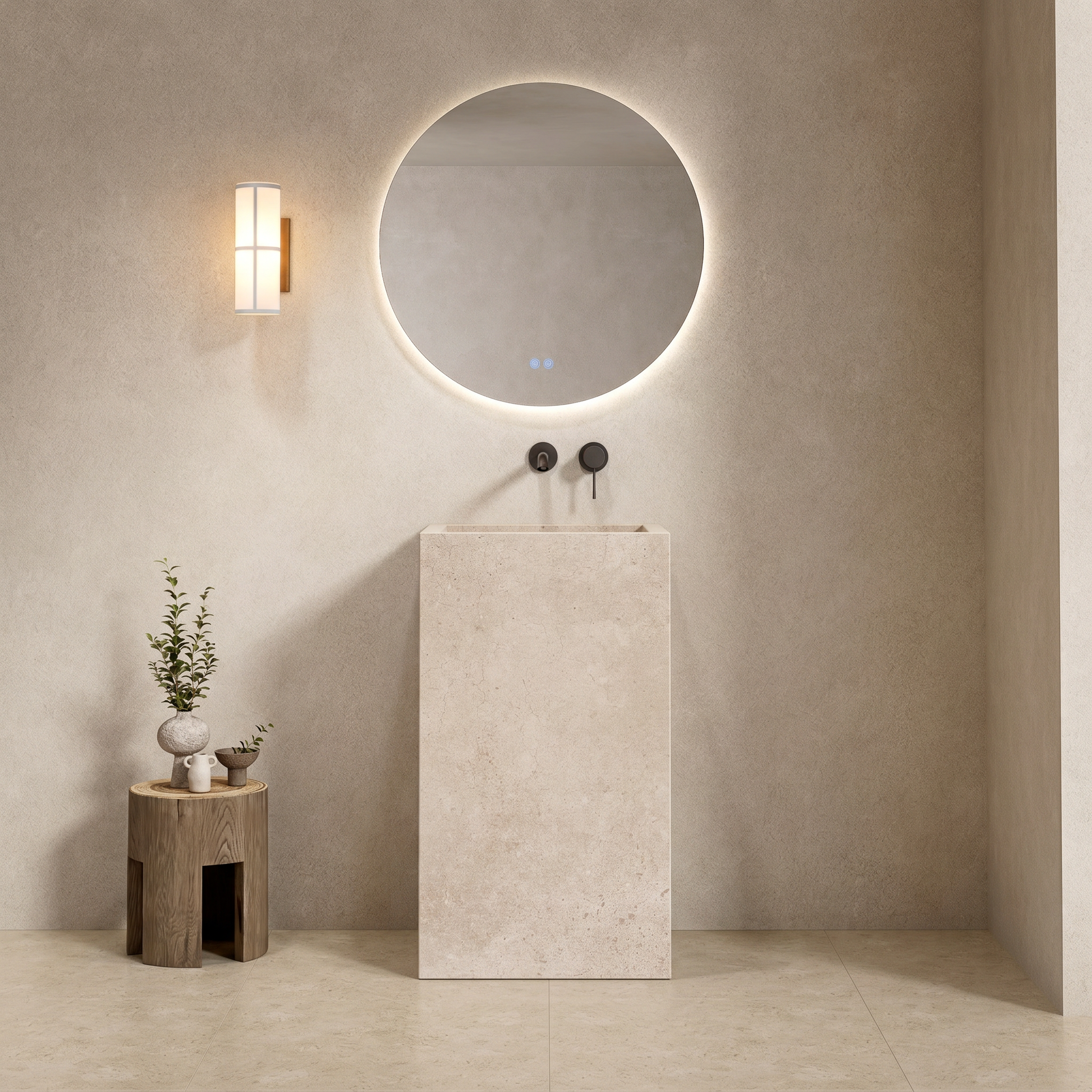 Lavabo Freestanding in Gres Lucido Continental White 60 cm Specchio Tondo Retroilluminato - Pedestal in moderno ambiente bagno.