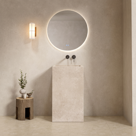 Lavabo Freestanding in Gres Lucido Continental White 60 cm Specchio Tondo Retroilluminato - Pedestal