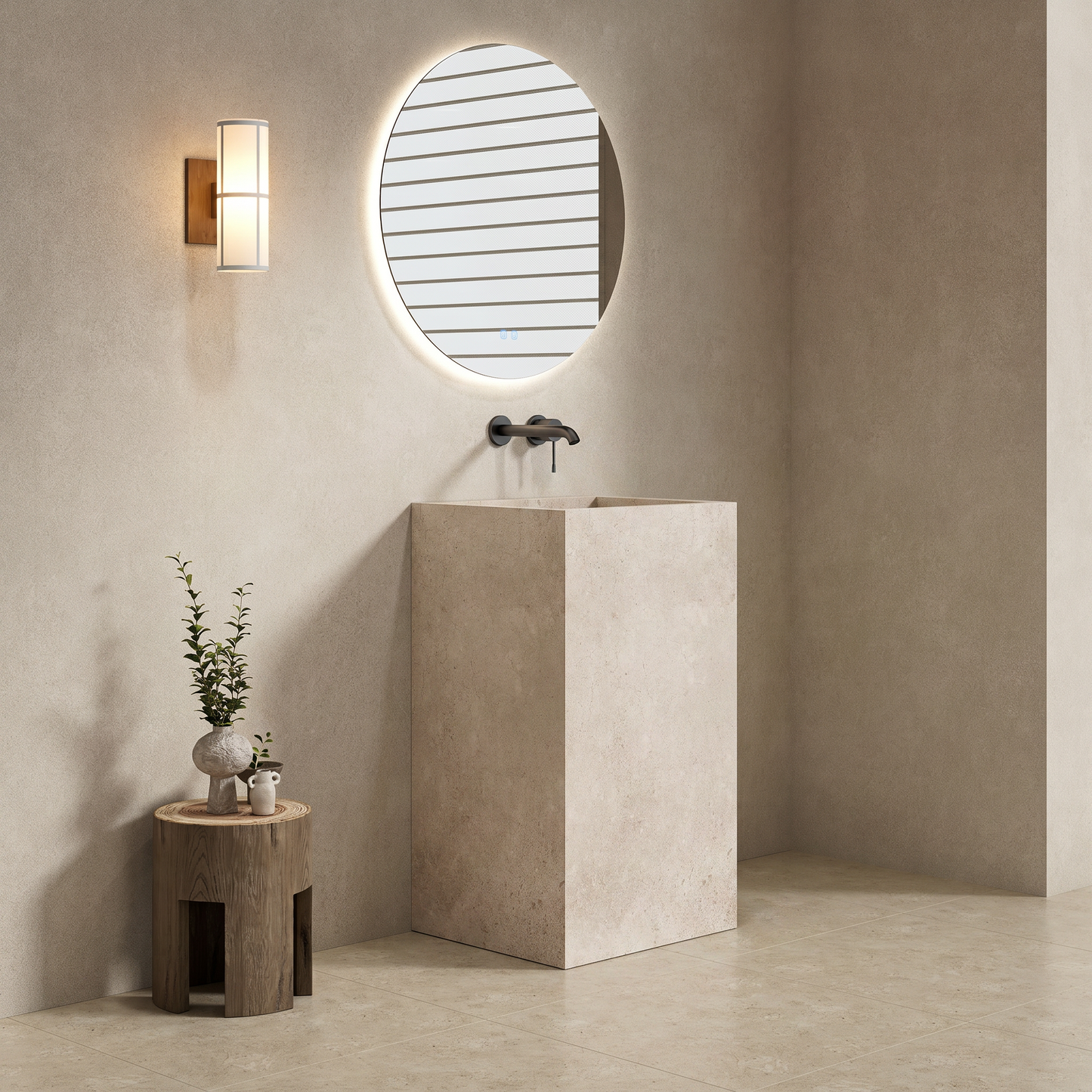 Lavabo Freestanding in Gres Lucido Continental White 60 cm Specchio Tondo Retroilluminato - Pedestal in un ambiente moderno.
