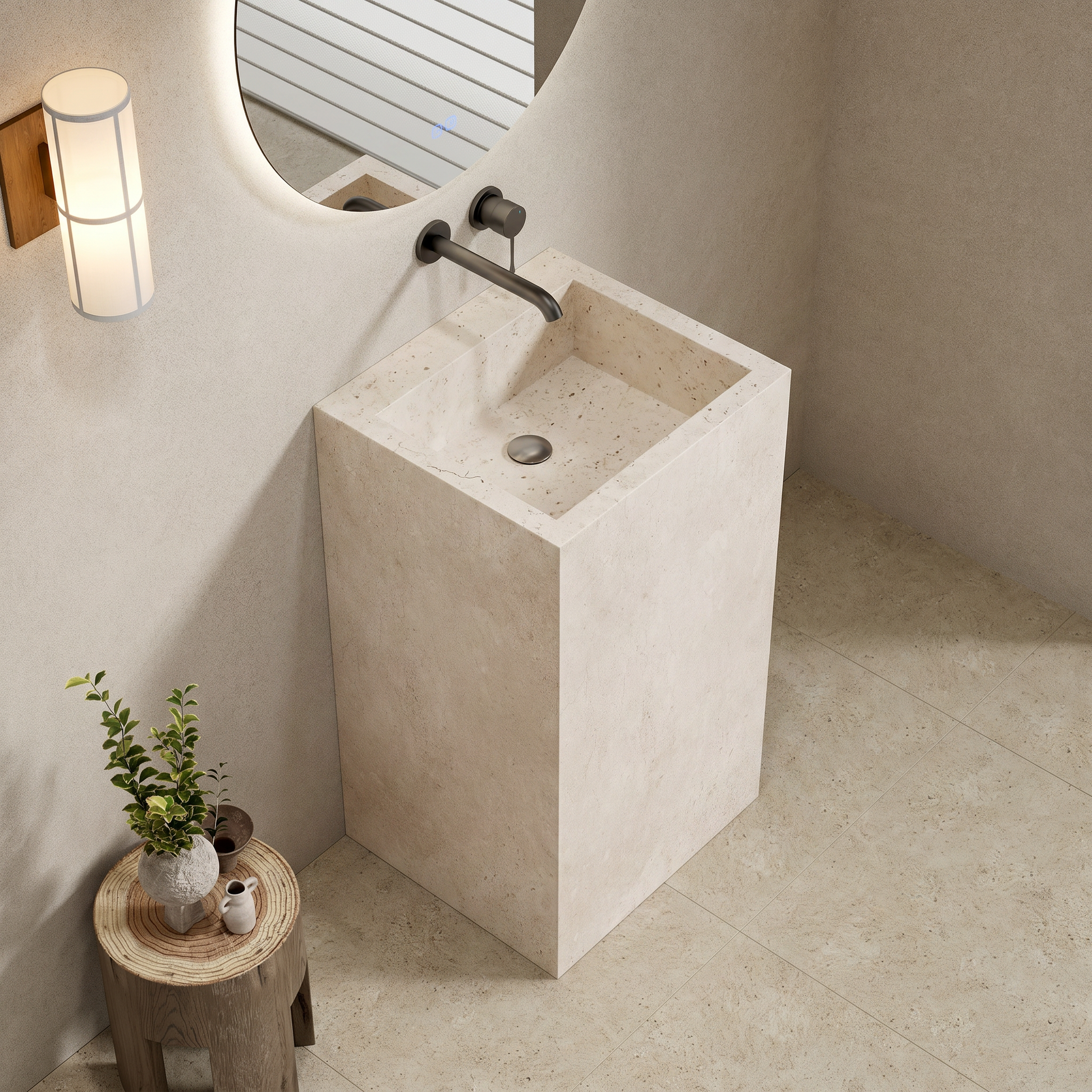 Lavabo Freestanding in Gres Lucido Continental White 60 cm Specchio Tondo Retroilluminato - Pedestal in bagno moderno