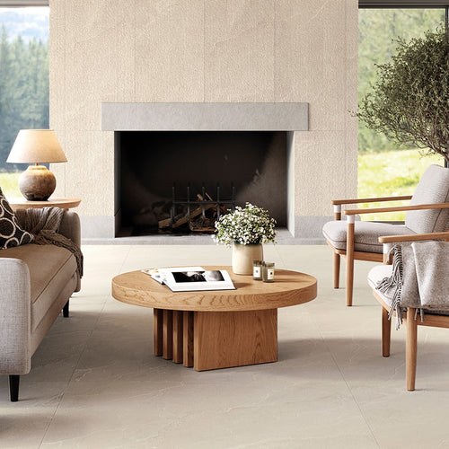 Gres Porcellanato Effetto Pietra Rettificato Naturale 61x122 9mm Cortina Sabbia Millerighe - Tuscania in a modern living room.