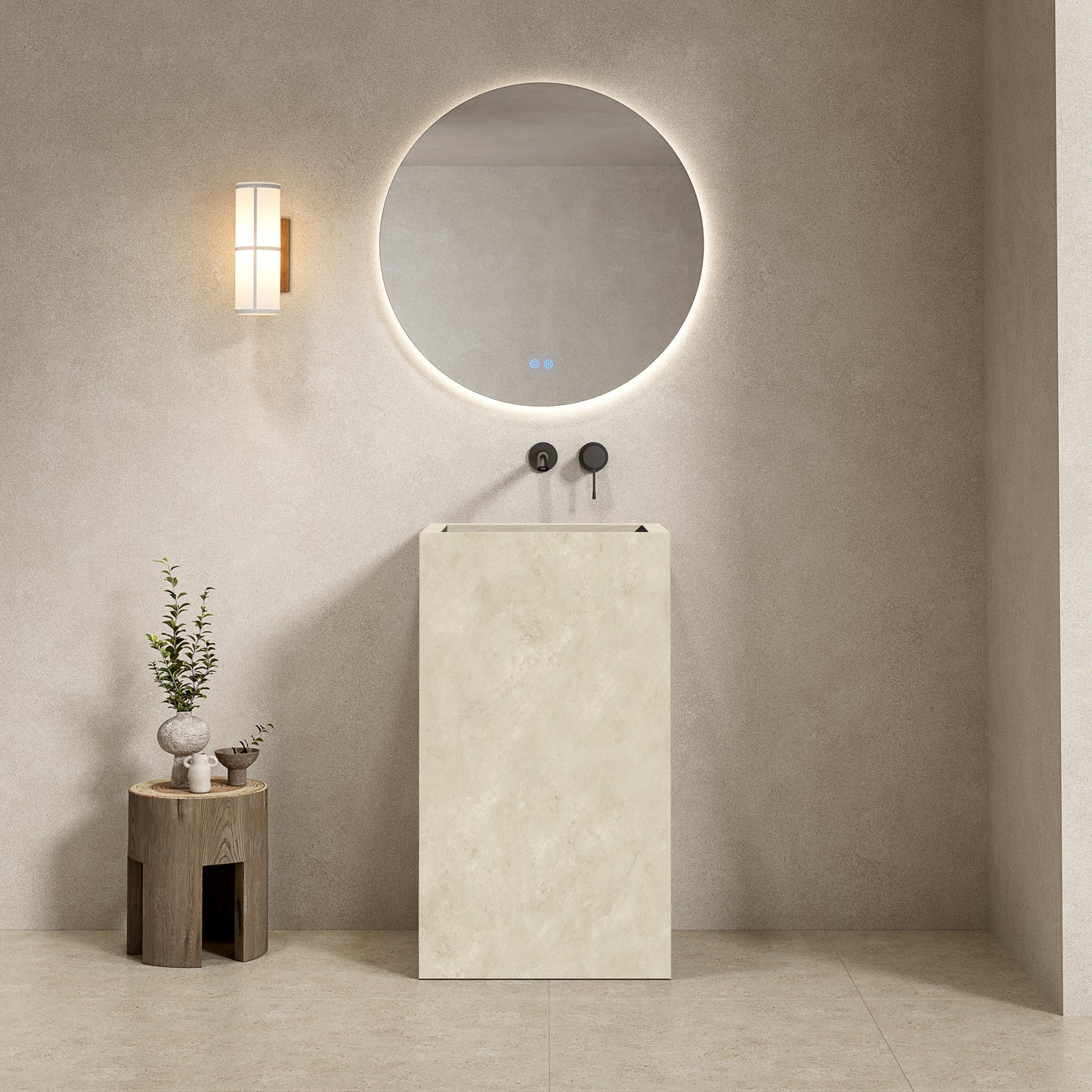 Lavabo Freestanding in Gres Lucido Crema Marfil 60 cm Specchio Tondo Retroilluminato - Pedestal