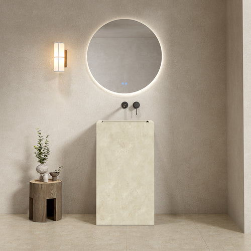 Lavabo Freestanding in Gres Senza Specchio posizionato contro parete con specchio rotondo e lampada moderna.