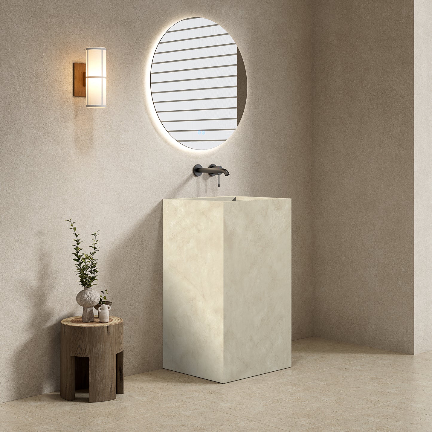 Lavabo Freestanding in Gres Lucido Crema Marfil 60 cm Specchio Tondo Retroilluminato - Pedestal