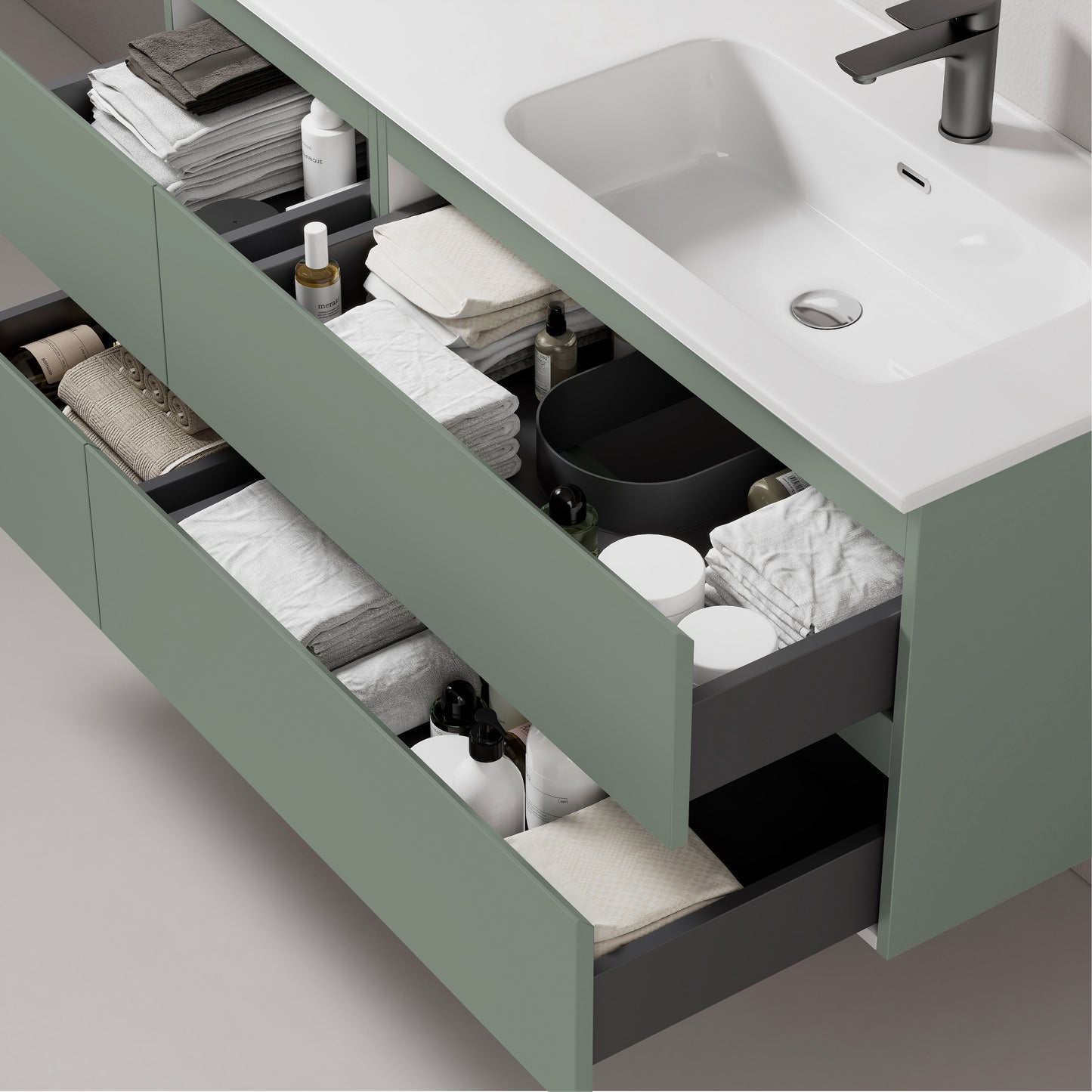 Mobile bagno sospeso 140 cm Verde Salvia Lavabo a Destra in Resina Specchio Tondo Retroilluminato - Fiji Paint