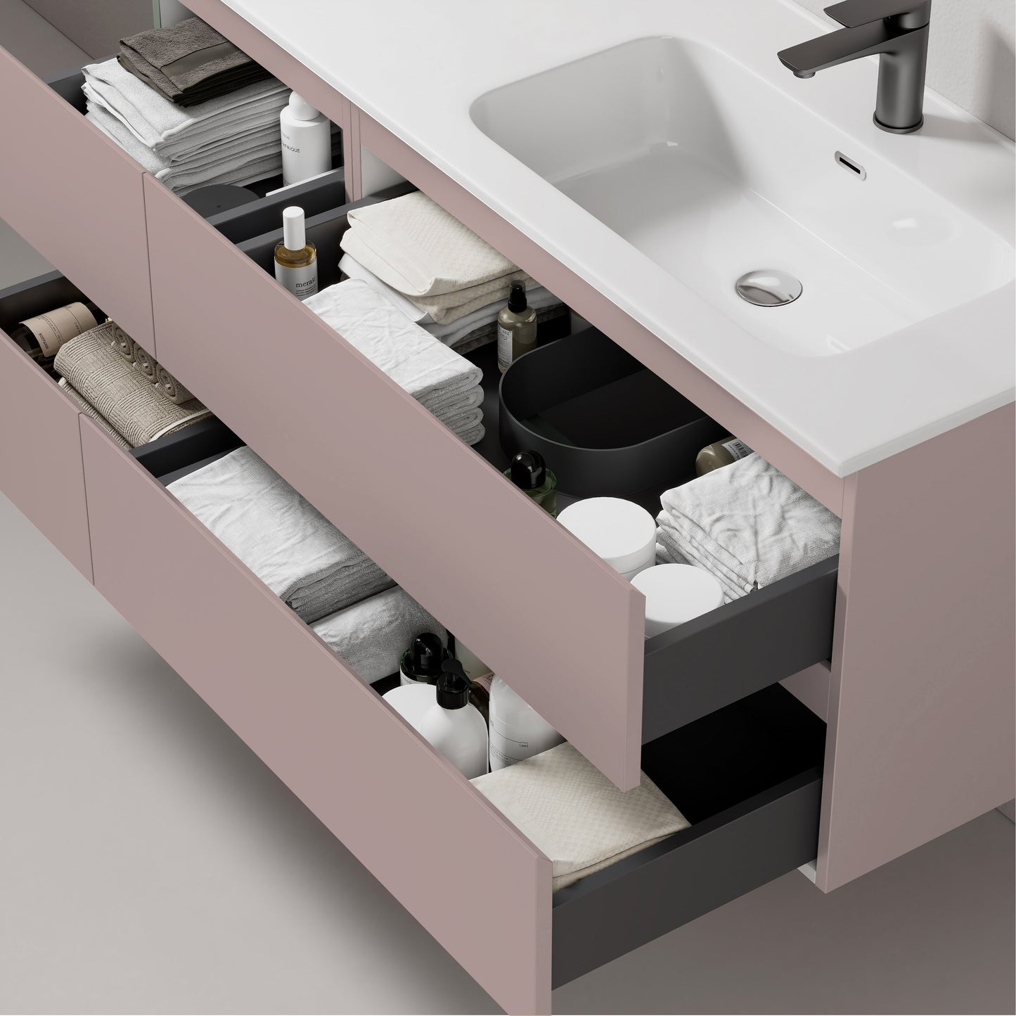 Mobile bagno sospeso 120 cm Rosa Retro Lavabo a Destra in Ceramica Specchio Tondo Retroilluminato - Fiji Paint