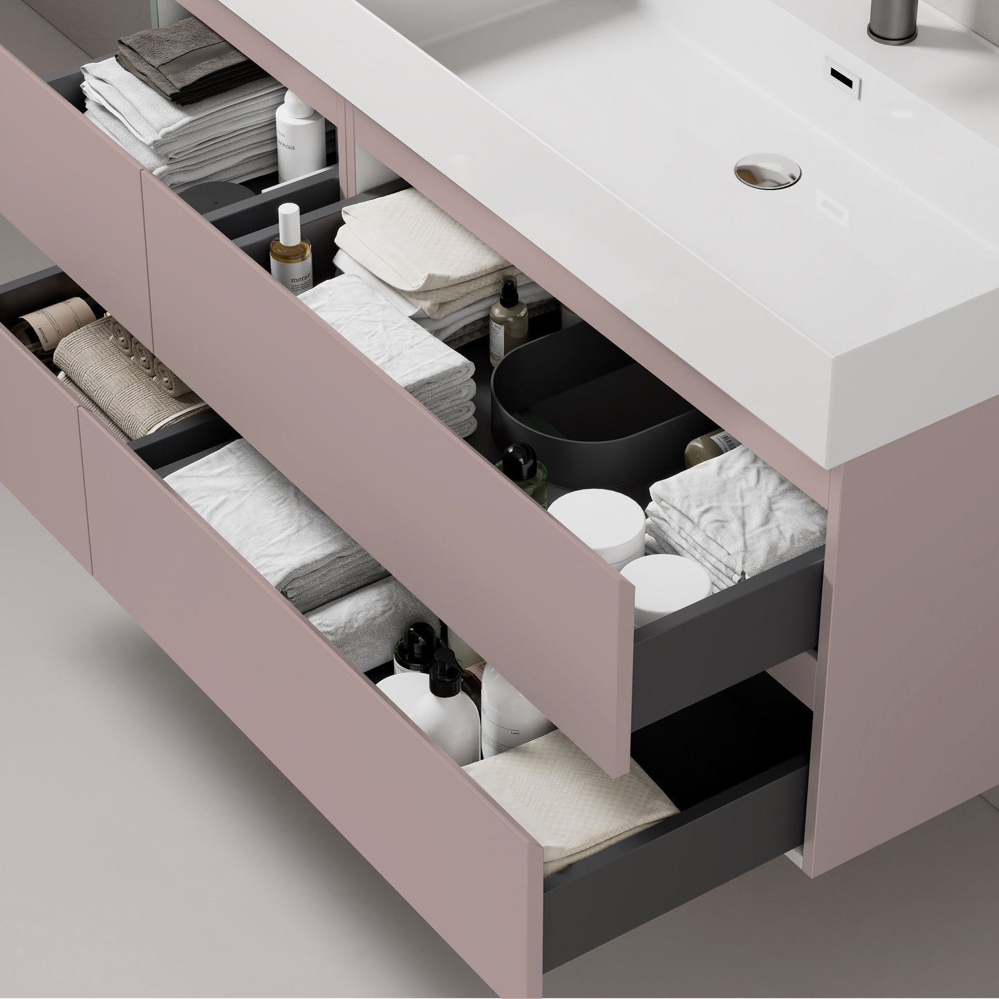 Mobile bagno sospeso 140 cm Rosa Retro Lavabo a Destra in Resina Specchio Quadro Retroilluminato - Fiji Paint