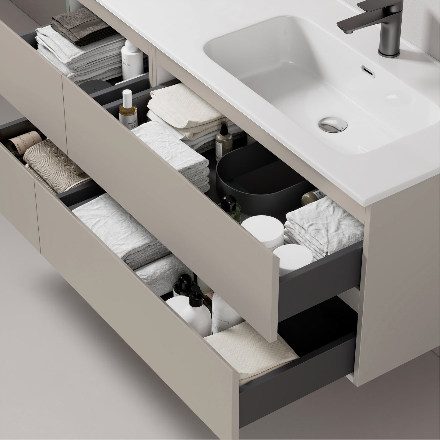 Mobile bagno sospeso 120 cm Grigio Cenere Lavabo a Destra in Ceramica Specchio Tondo Retroilluminato - Fiji Paint