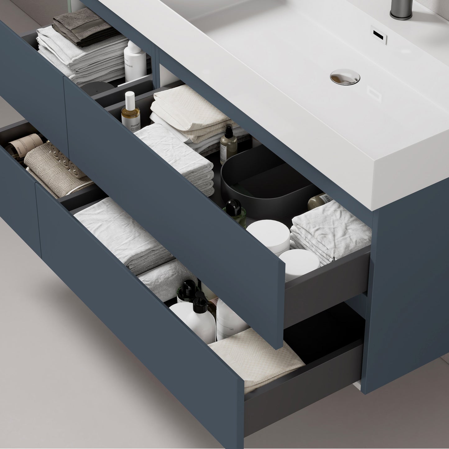 Mobile bagno sospeso 120 cm Blu Mare Lavabo a Destra in Resina Specchio Tondo Retroilluminato - Fiji Paint