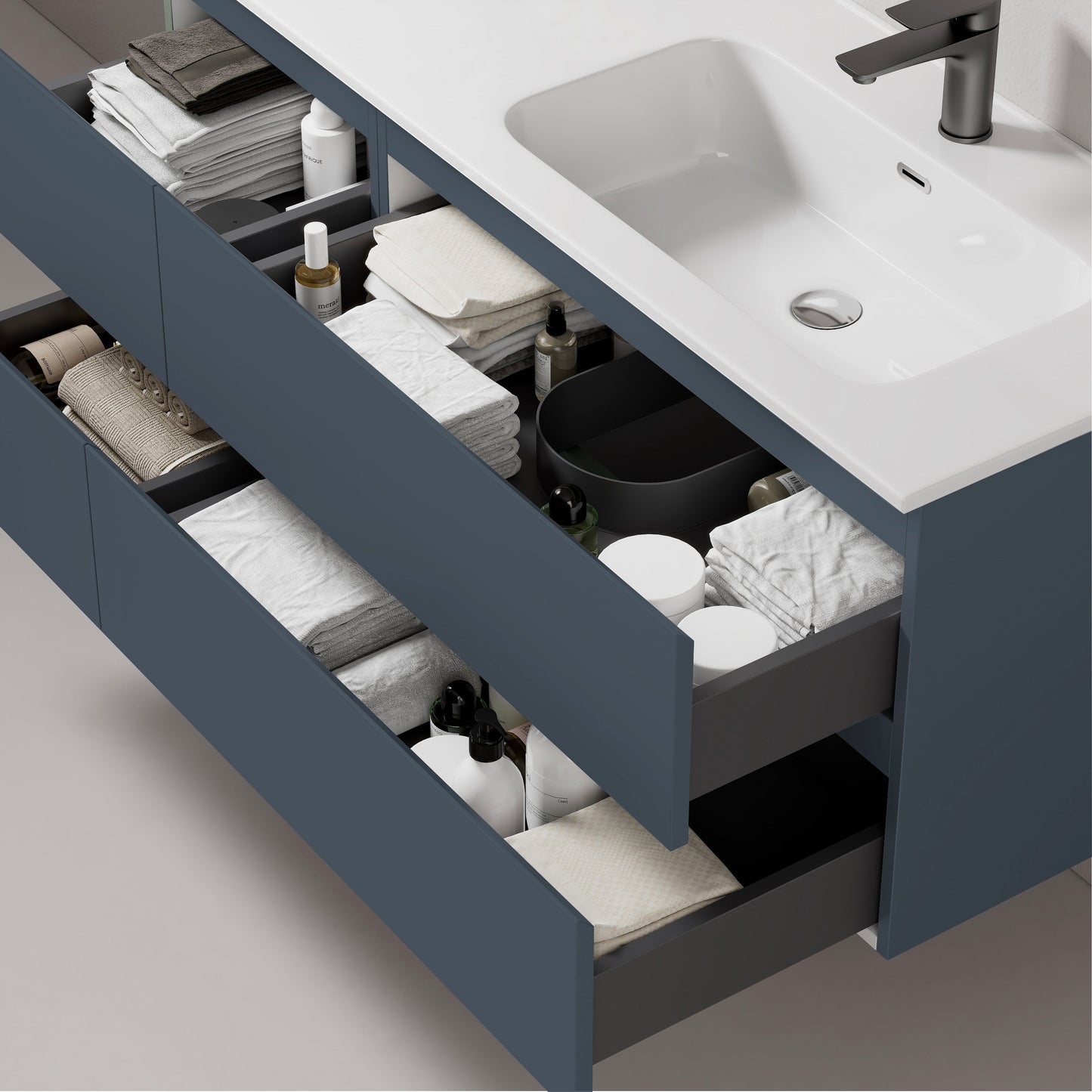 Mobile bagno sospeso 120 cm Blu Mare Lavabo a Destra in Ceramica Specchio Tondo Retroilluminato - Fiji Paint