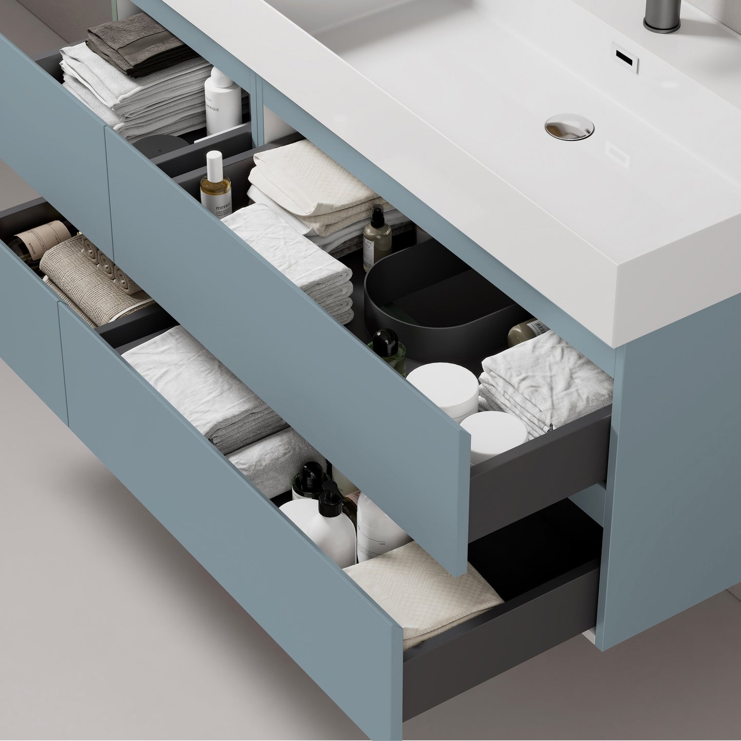 Mobile bagno sospeso 120 cm Blu Avio Lavabo a Destra in Resina Senza Specchio - Fiji Paint