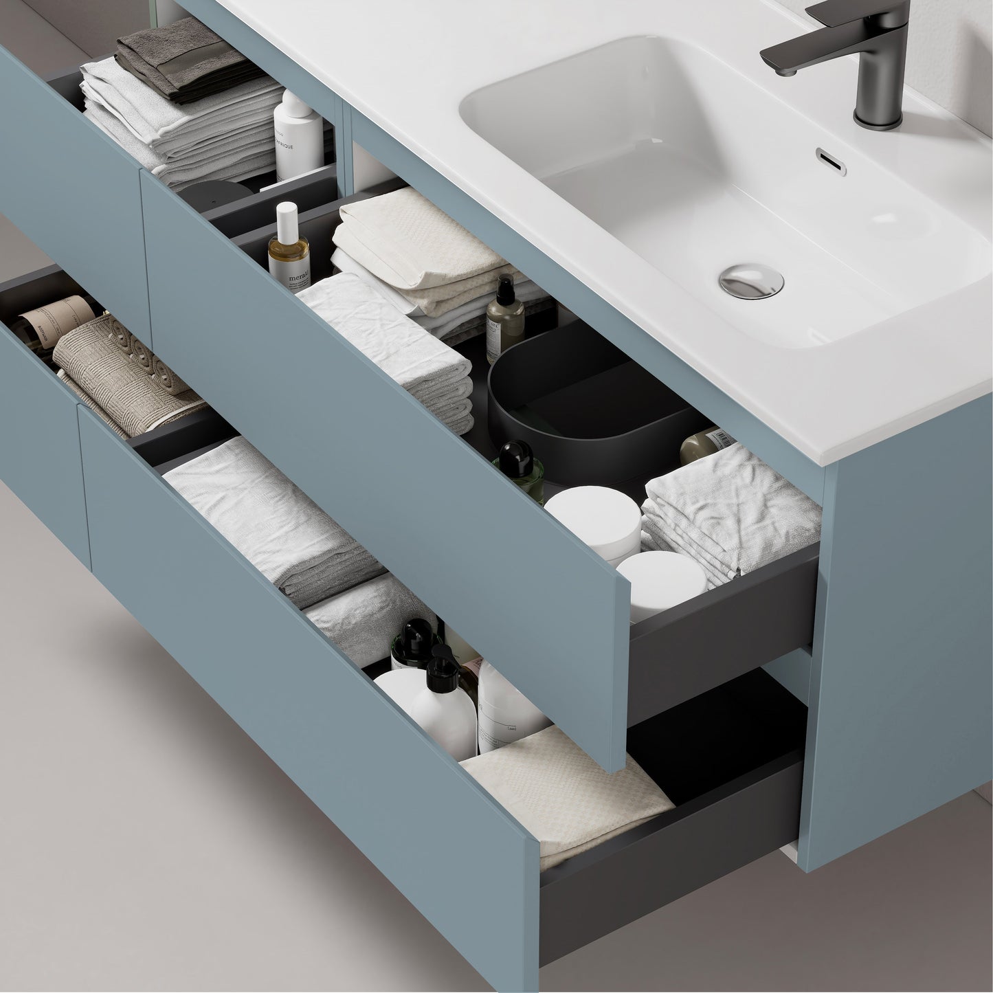 Mobile bagno sospeso 120 cm Blu Avio Lavabo a Destra in Ceramica Specchio Tondo - Fiji Paint