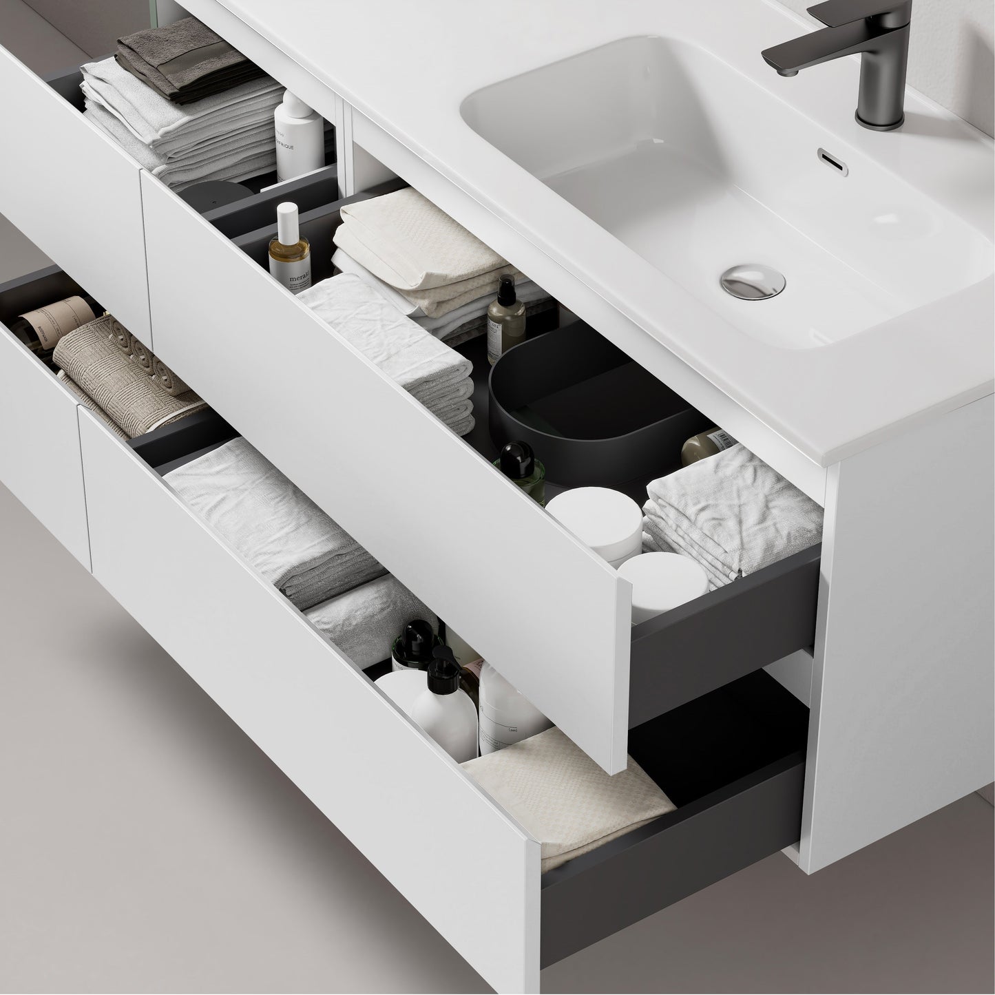 Mobile bagno sospeso 120 cm Bianco Lavabo a Destra in Ceramica Specchio Tondo Retroilluminato - Fiji Paint