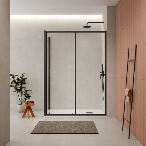 Box Doccia 70x140 cm Fisso + Scorrevole Vetro Trasparente e Profilo Nero - Escape
