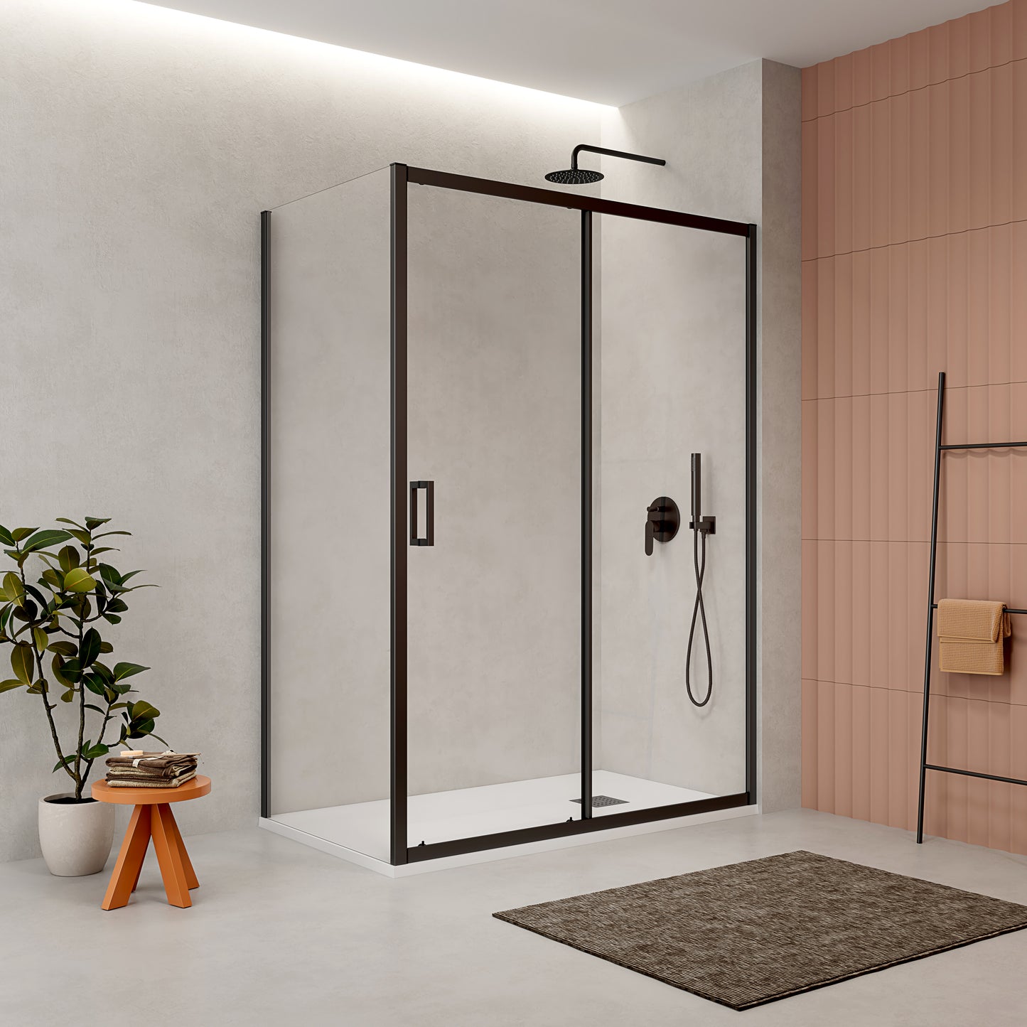 Box Doccia 70x120 cm Fisso + Scorrevole Vetro Trasparente e Profilo Nero - Escape