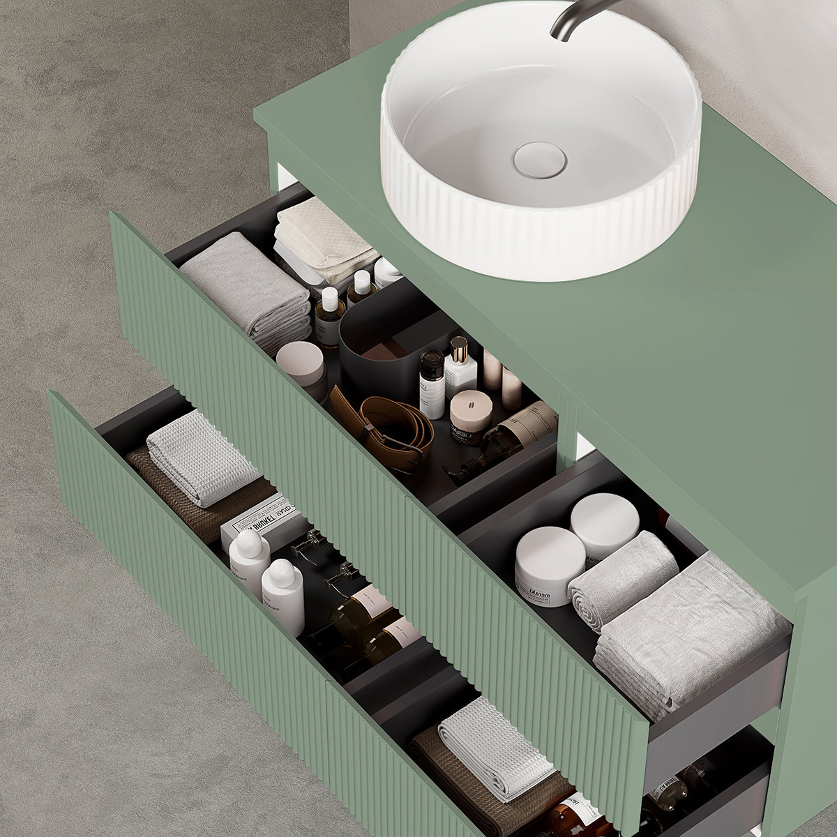 Mobile bagno sospeso cannettato reversibile  100 cm Verde Salvia per Lavabo d'appoggio Senza Specchio - Fiji Paint Top Canneté