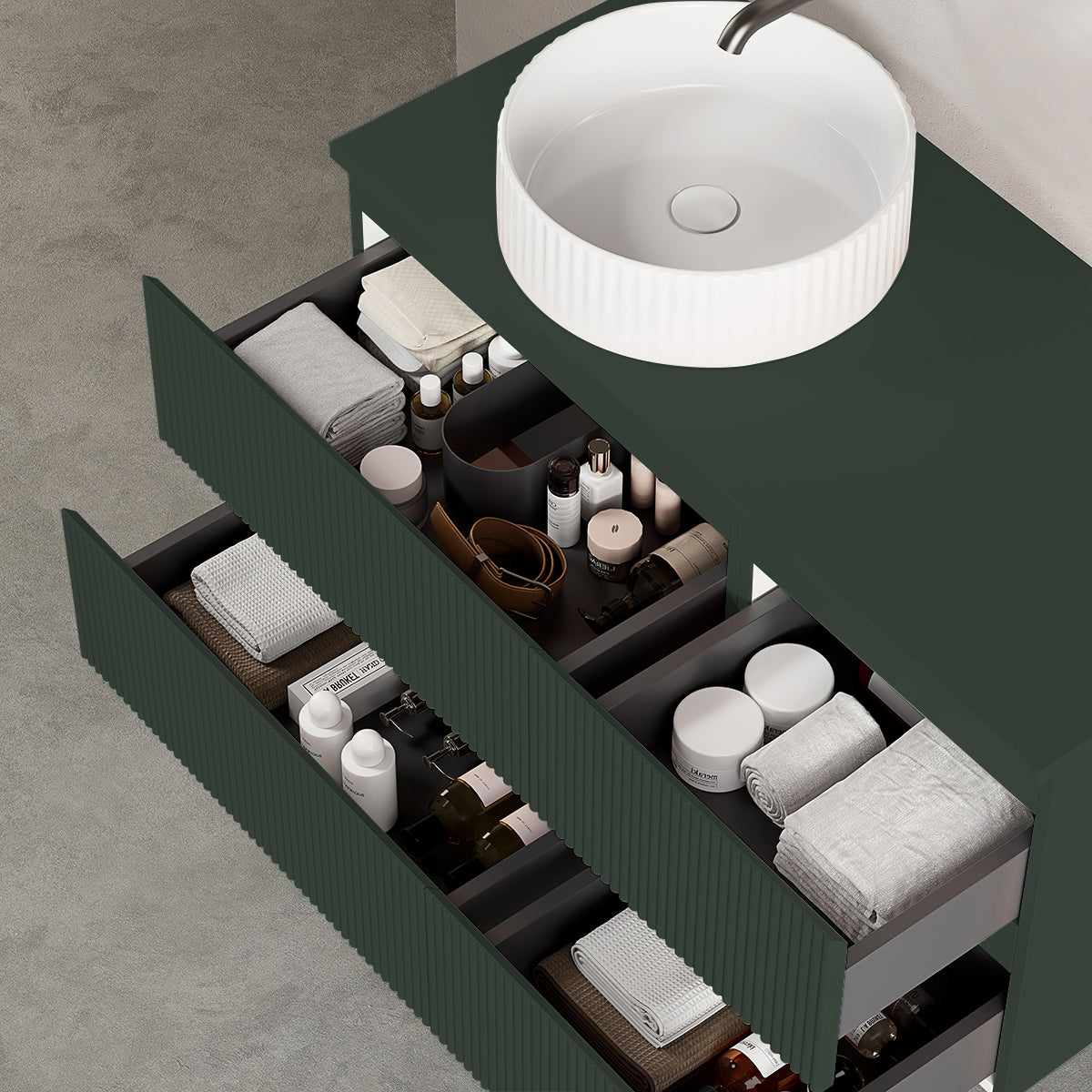 Mobile bagno sospeso cannettato reversibile  100 cm Verde Comodoro  per Lavabo d'appoggio Specchio Tondo - Fiji Paint Top Canneté