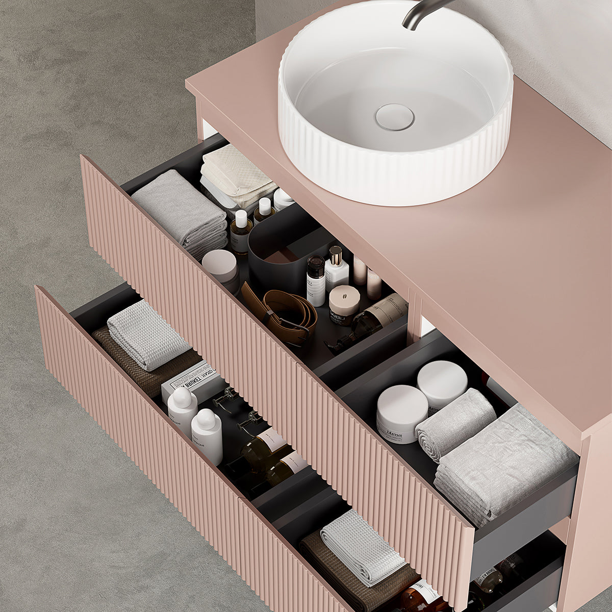 Mobile bagno sospeso cannettato reversibile  100 cm Rosa Retrò per Lavabo d'appoggio Specchio Tondo Retroilluminato - Fiji Paint Top Canneté