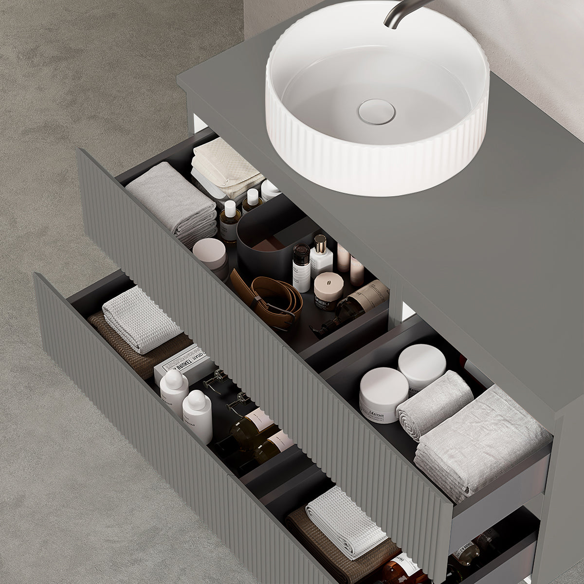 Mobile bagno sospeso cannettato reversibile  100 cm Grigio Londra per Lavabo d'appoggio Specchio Quadro Retroilluminato - Fiji Paint Top Canneté