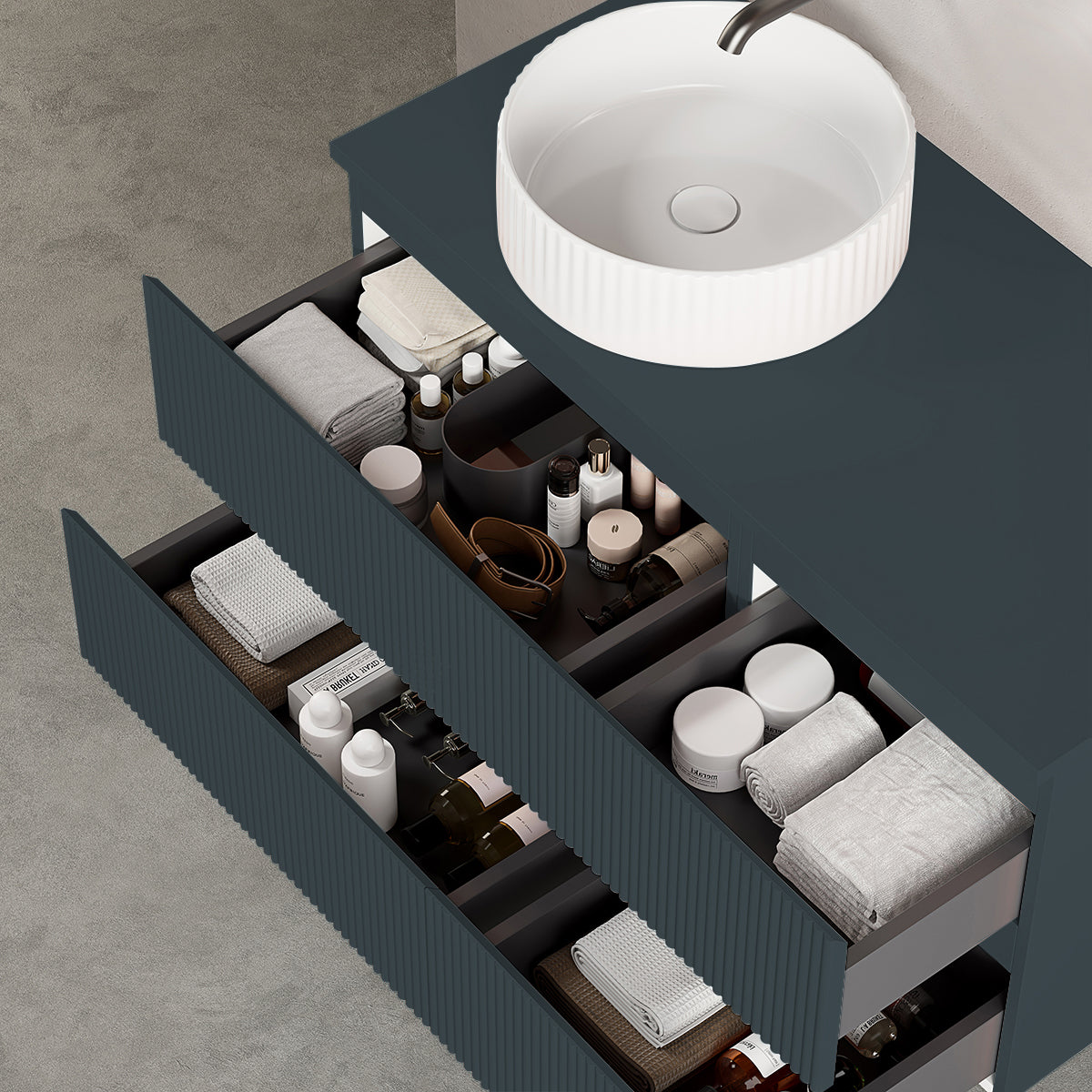 Mobile bagno sospeso cannettato reversibile  100 cm Blu Mare per Lavabo d'appoggio Specchio Tondo - Fiji Paint Top Canneté