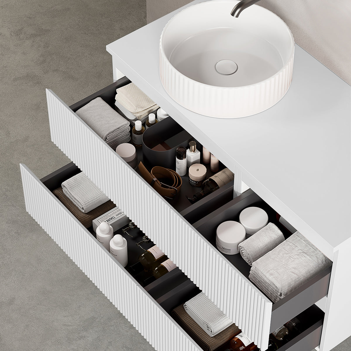 Mobile bagno sospeso cannettato reversibile  100 cm Bianco Opaco per Lavabo d'appoggio Specchio Tondo Retroilluminato - Fiji Paint Top Canneté