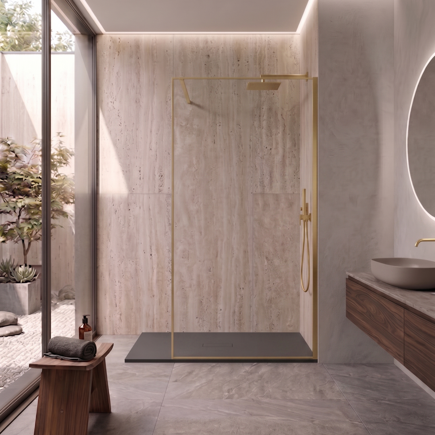 Parete Walk-in 100 cm Vetro Trasparente e Profilo Gold Brush - Escape in un elegante bagno moderno.