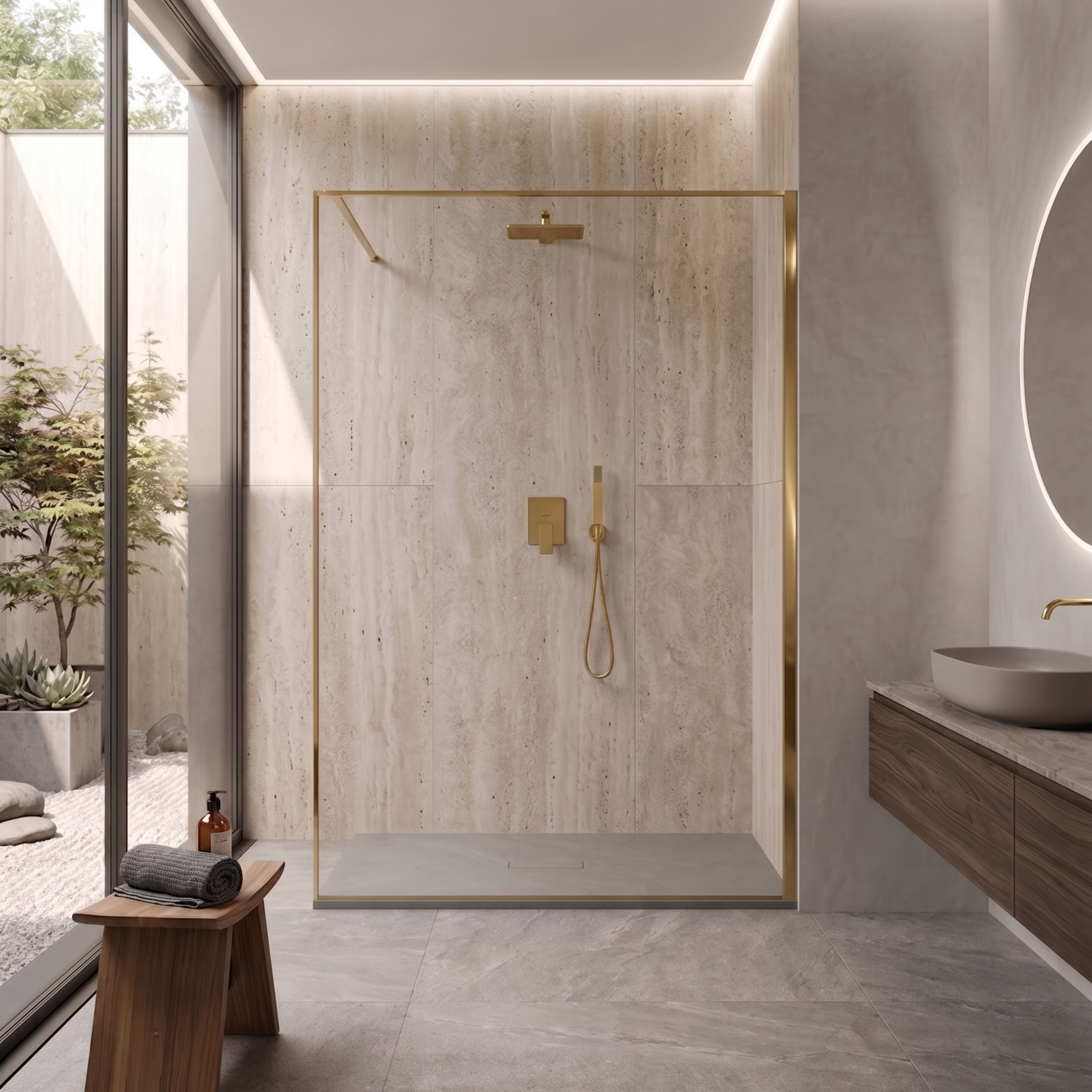 Parete Walk-in 120 cm Vetro Trasparente e Profilo Gold Brush - Escape in una moderna doccia elegante.