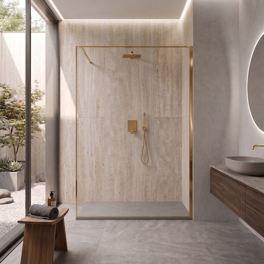 Parete Walk-in 120 cm Vetro Trasparente e Profilo Gold Brush - Escape in una moderna doccia elegante.
