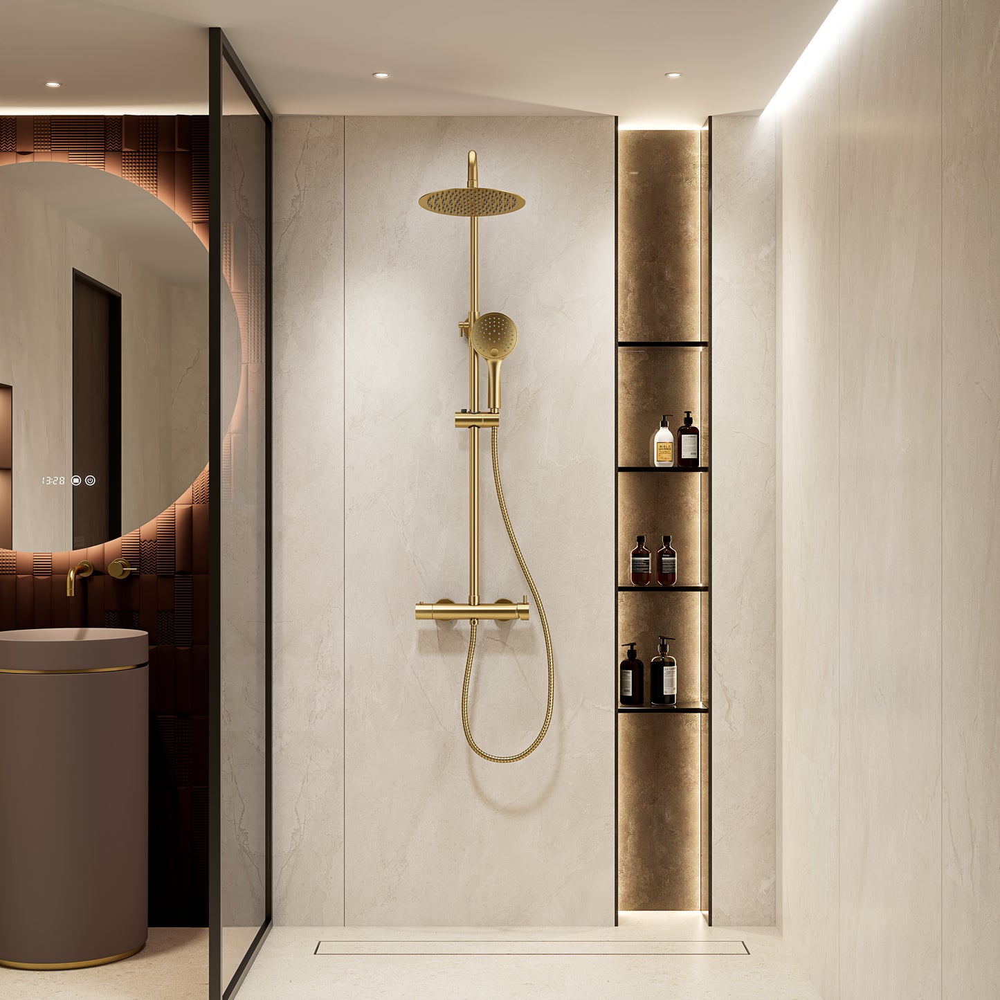 Colonna Doccia Termostatica con Doccino Oro Spazzolato - Luna