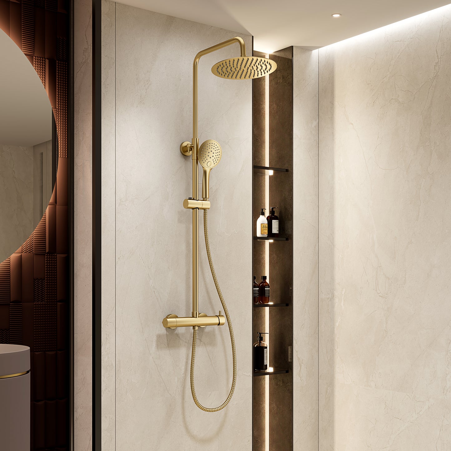 Colonna Doccia Termostatica con Doccino Oro Spazzolato - Luna