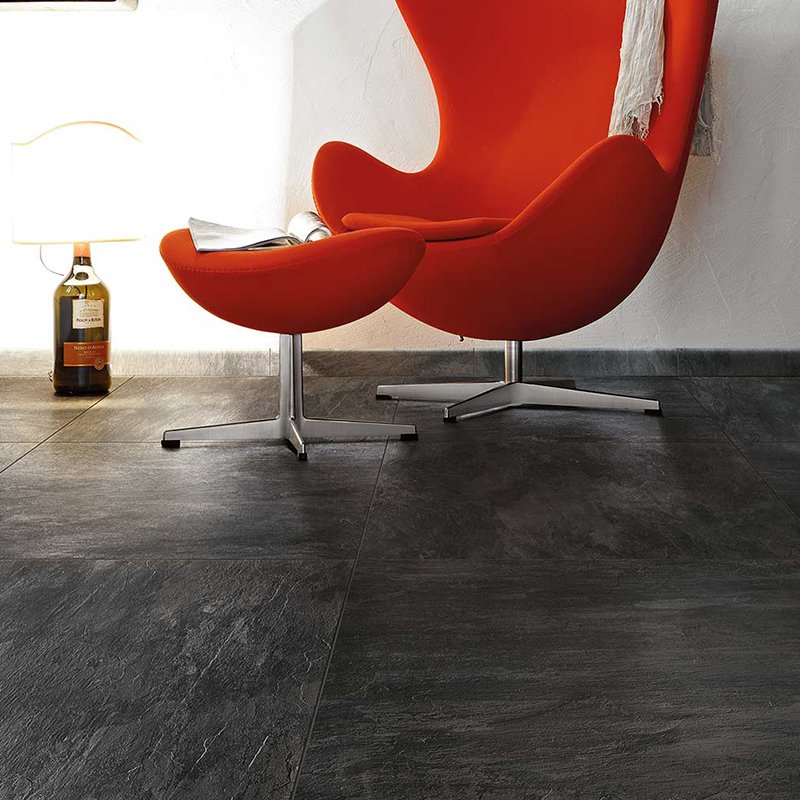 Gres Porcellanato Effetto Pietra rettificato Grip 20x80 Noir Ardoise by Florim in modern interior setting.