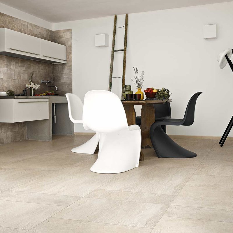 Modern kitchen with Gres Porcellanato Effetto Pietra Rettificato Grip 40x80 Ivoire Ardoise flooring and stylish furniture.