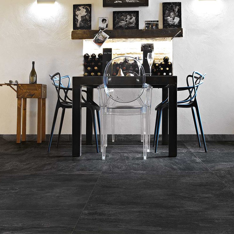 Gres Porcellanato Effetto Pietra Rettificato Grip 40x80 9mm Noir Ardoise by Florim in a modern dining setting