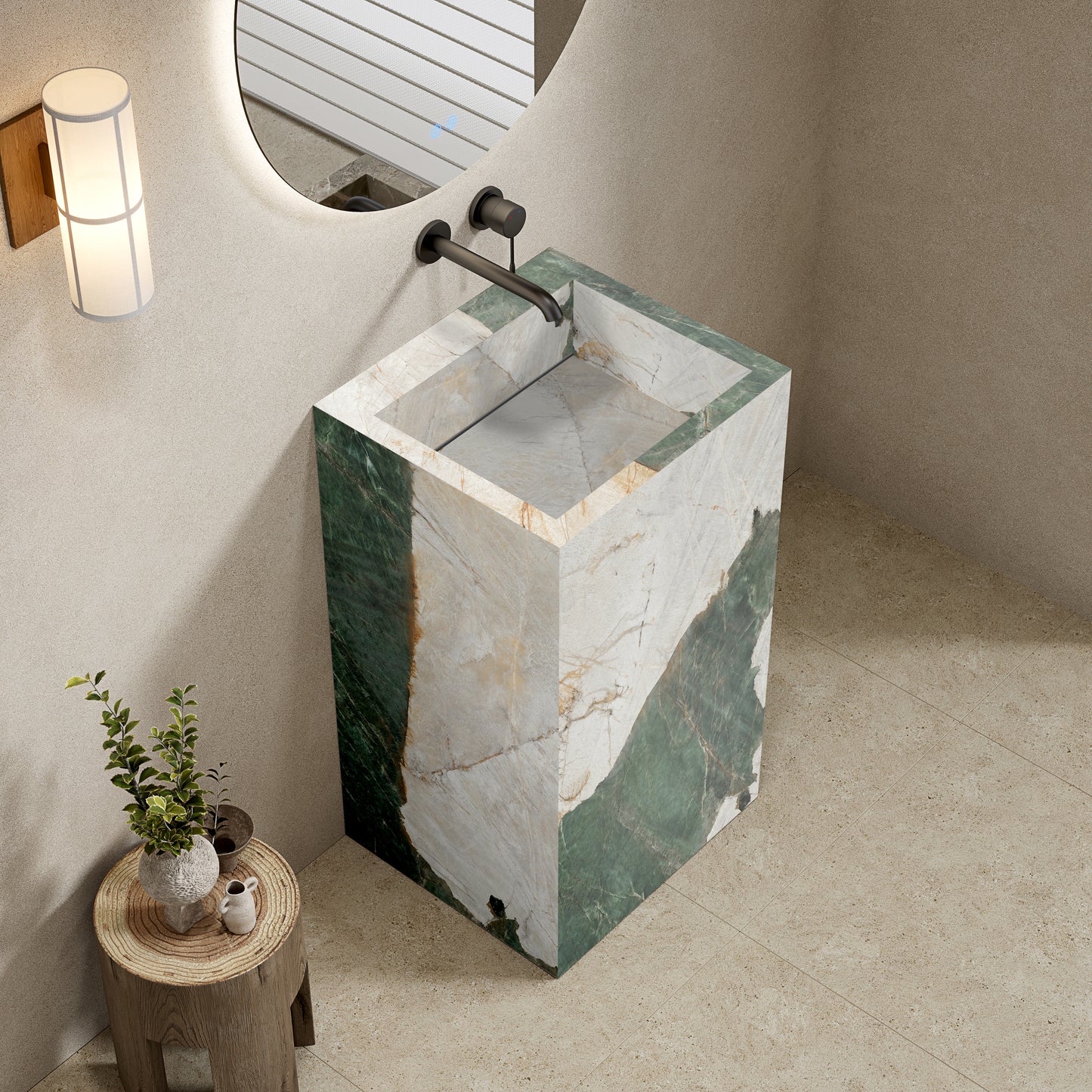 Lavabo Freestanding in Gres Lucido Heritage Aqua 60 cm Specchio Tondo Retroilluminato - Pedestal