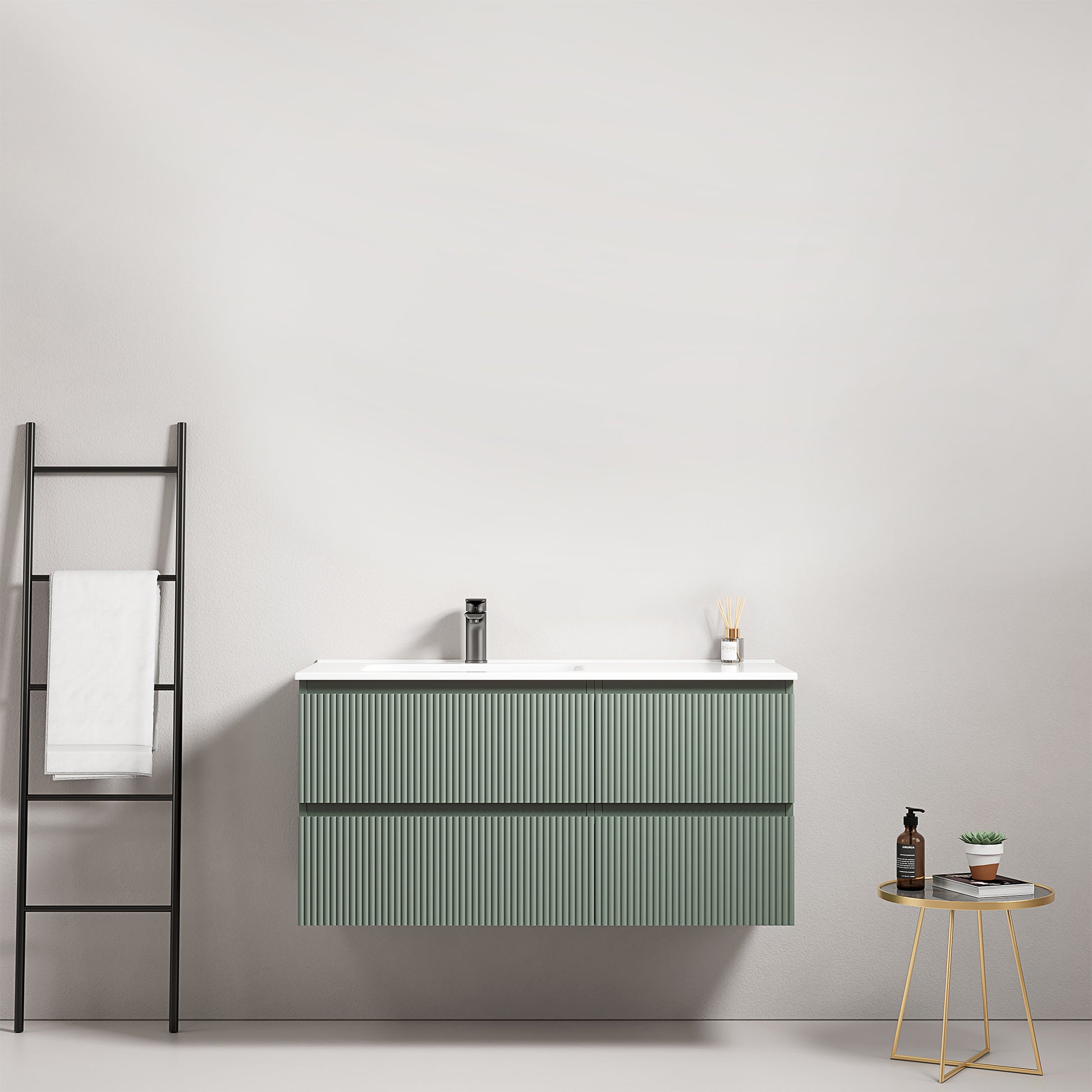 Mobile bagno sospeso cannettato 100 cm Verde Salvia Lavabo a Sinistra in Ceramica Senza Specchio - Fiji Paint.
