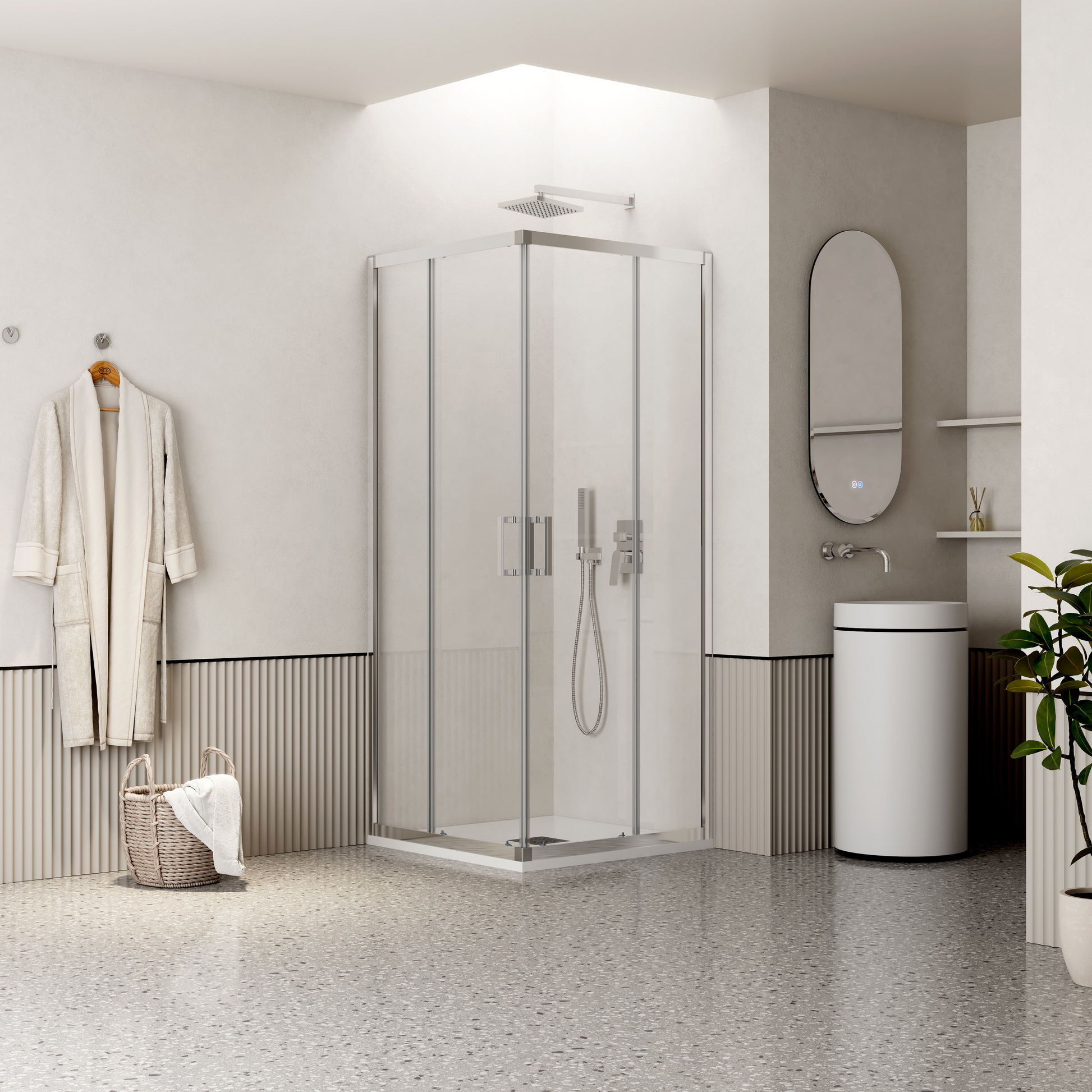 Box doccia 100x110 cm con doppio scorrevole, vetro trasparente e profilo cromo in un elegante bagno moderno.