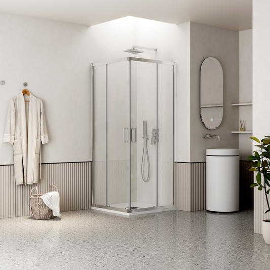 Box doccia 100x110 cm con doppio scorrevole, vetro trasparente e profilo cromo in un elegante bagno moderno.