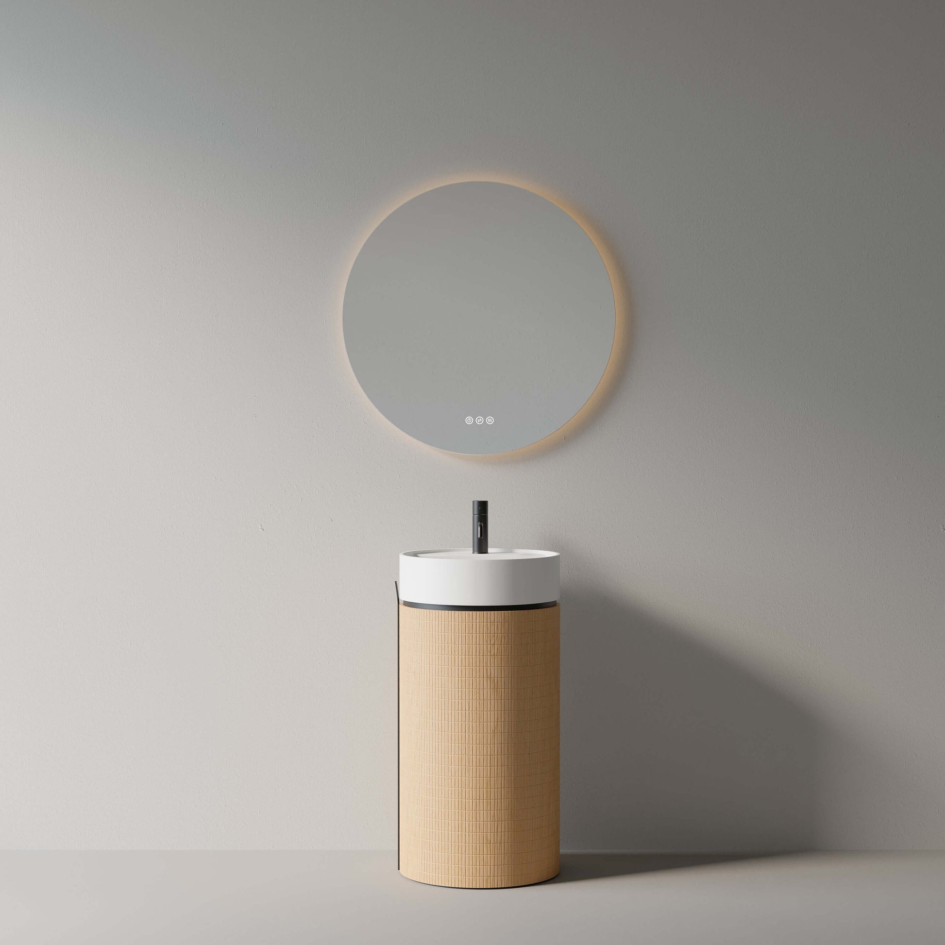 Lavabo freestanding 45 cm con specchio tondo retroilluminato, design moderno ed elegante, ideale per ogni ambiente.