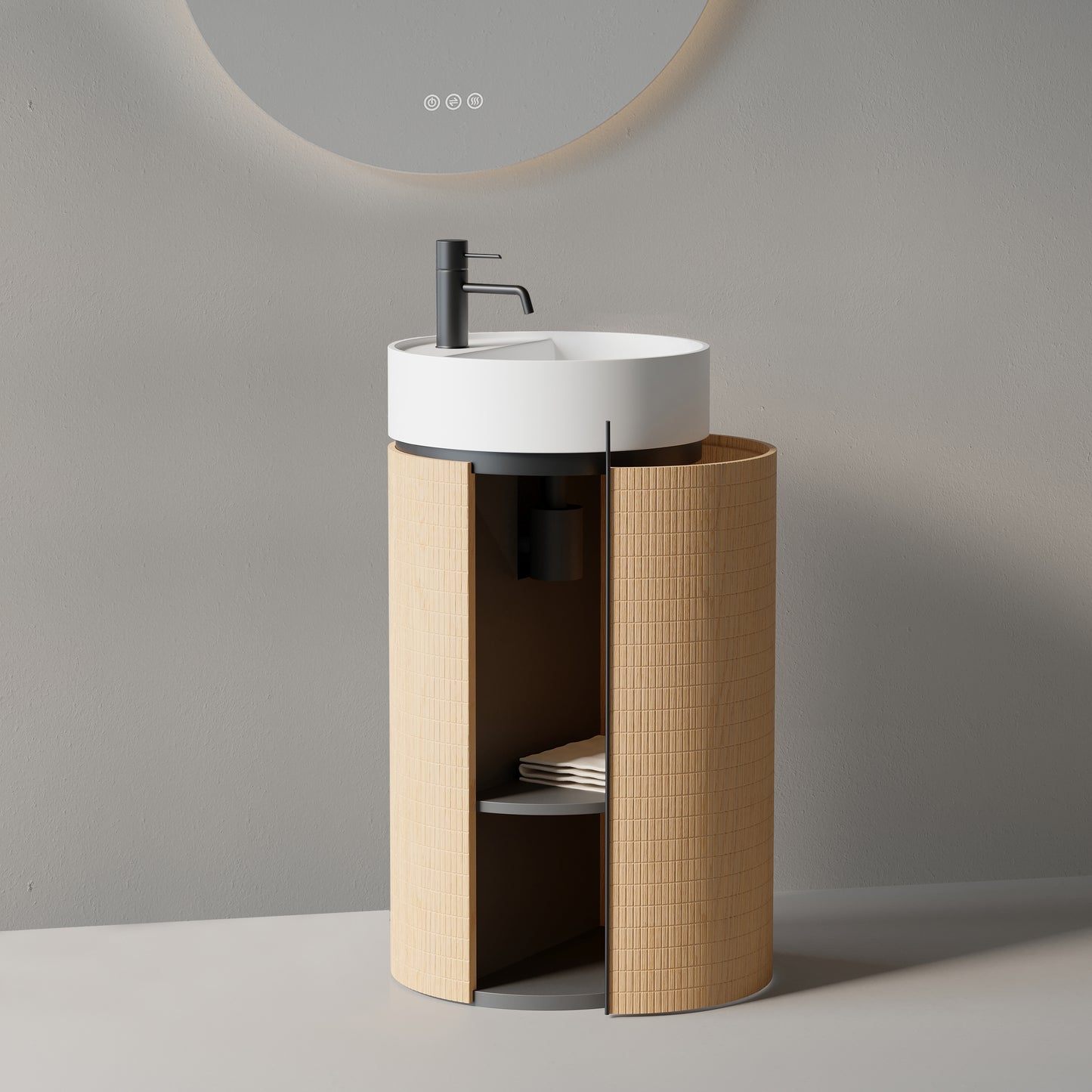 Lavabo Freestanding 45 cm Rovere Chiaro Specchio Tondo Retroilluminato - Cora