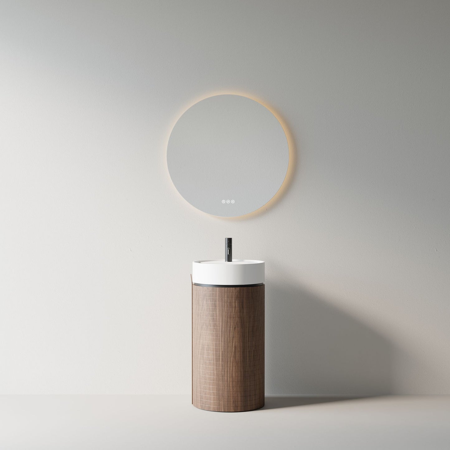 Lavabo Freestanding 45 cm Rovere Scuro Specchio Tondo Retroilluminato - Cora