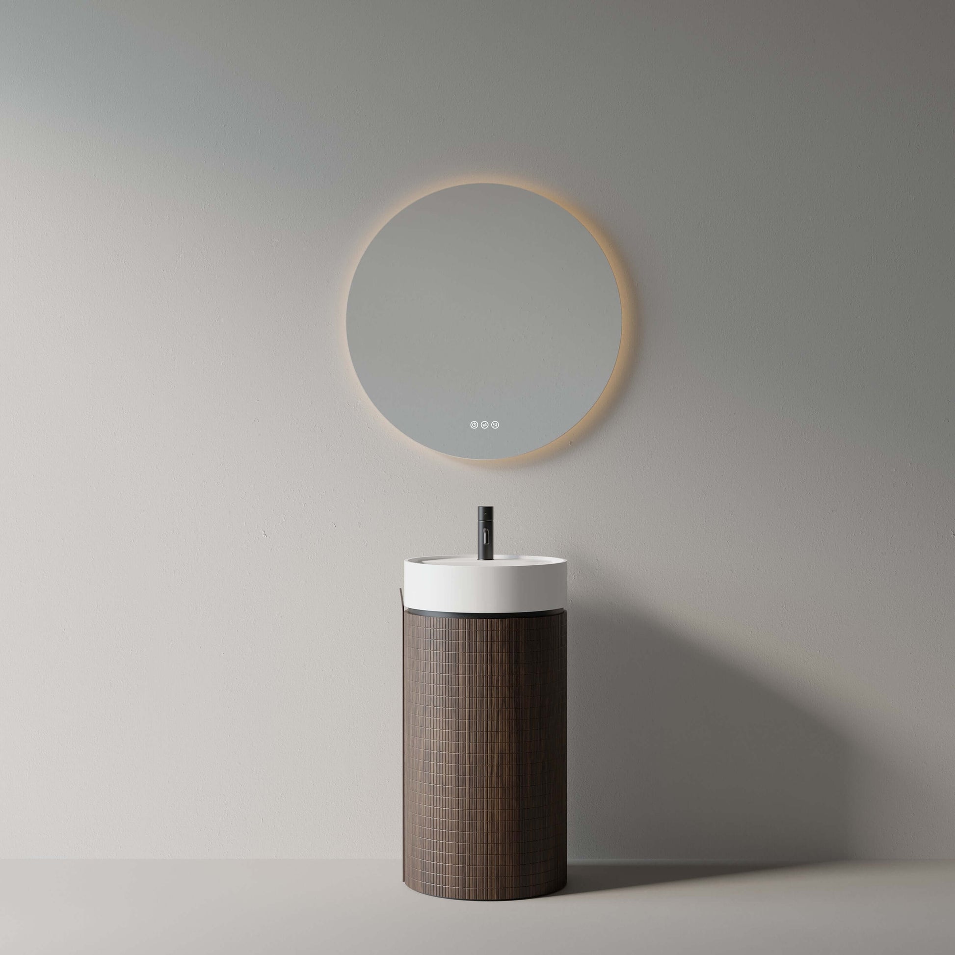 Lavabo freestanding 45 cm rovere scuro con specchio tondo retroilluminato - Cora, design moderno ed elegante.