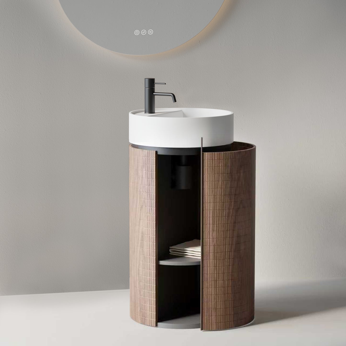 Lavabo Freestanding 45 cm Rovere Scuro Specchio Tondo Retroilluminato - Cora