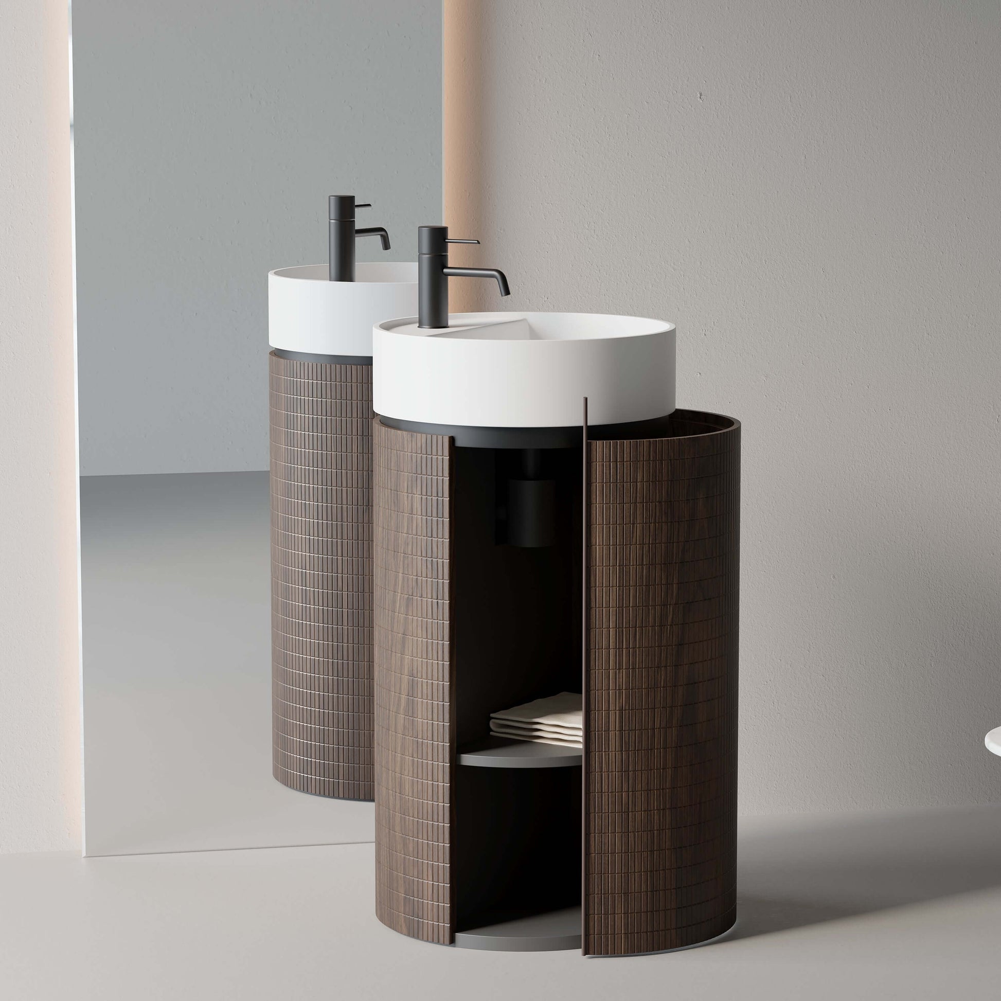 Lavabo freestanding 45 cm rovere scuro con specchio tondo retroilluminato - design moderno ed elegante