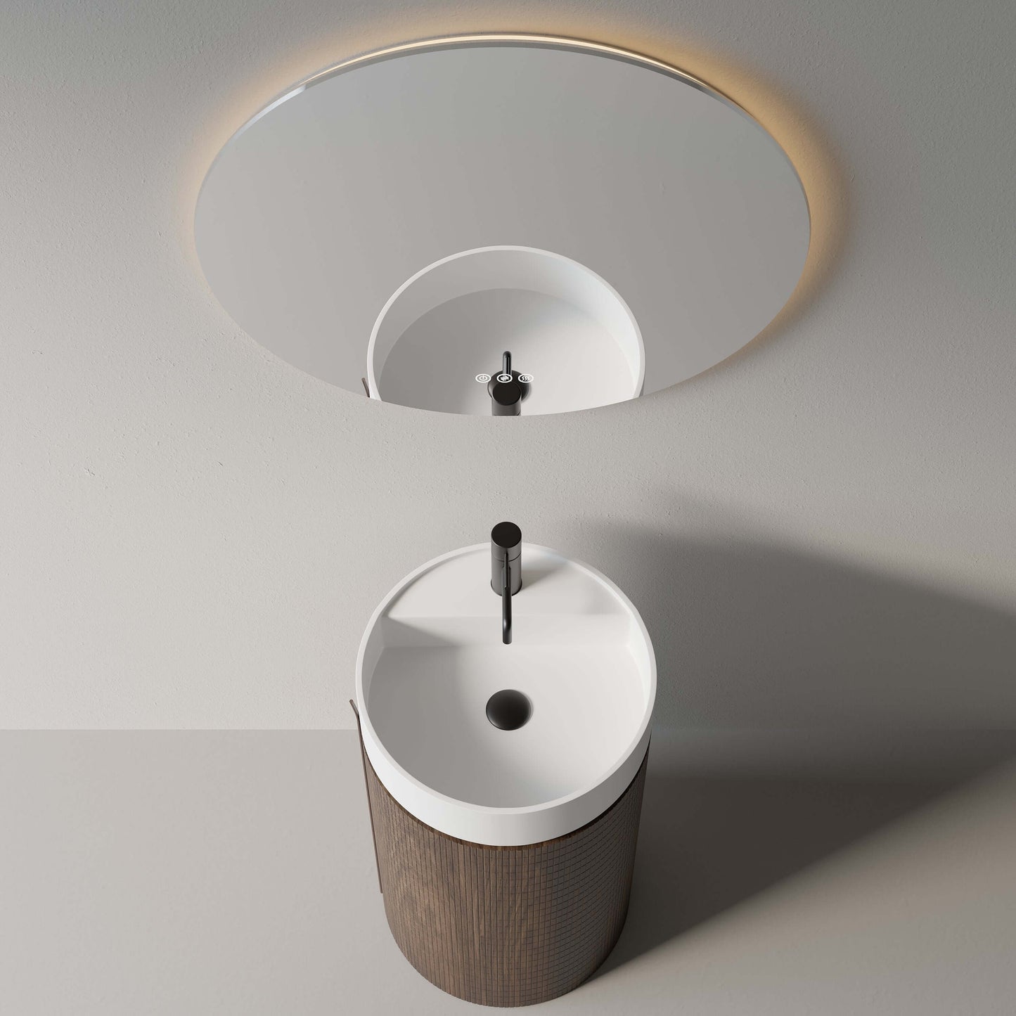 Lavabo freestanding 45 cm rovere scuro con specchio tondo retroilluminato, design moderno ed elegante per ogni ambiente.