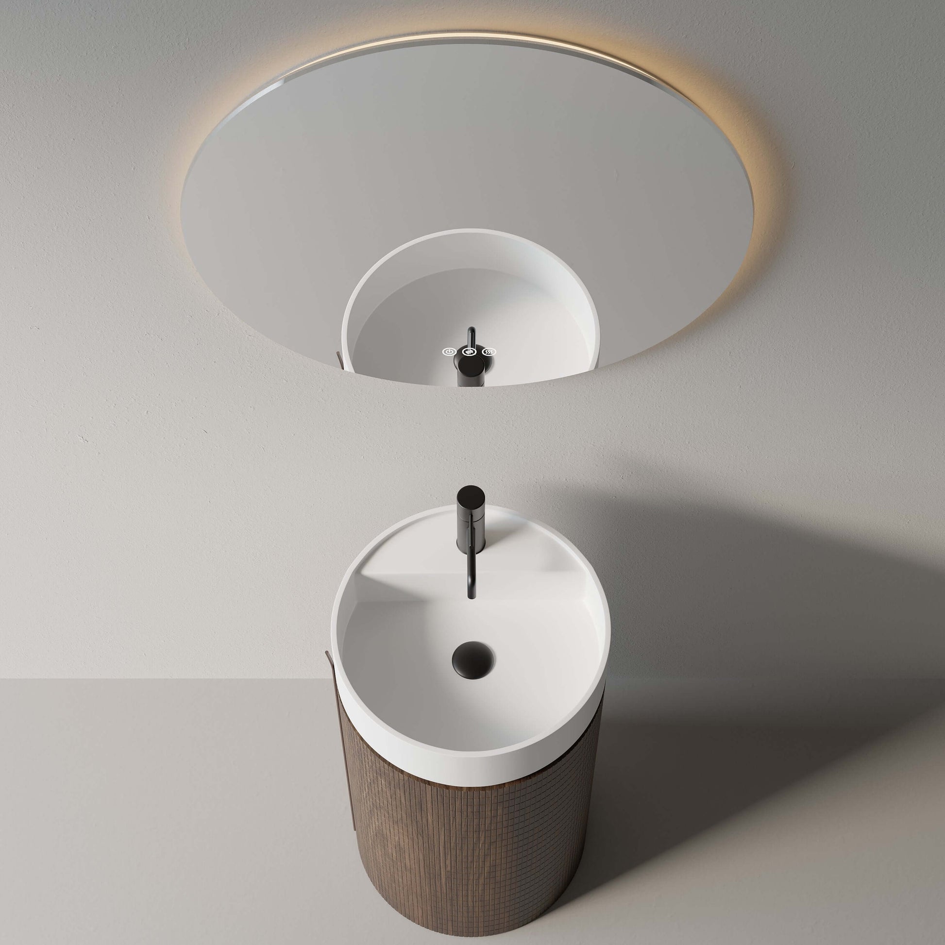Lavabo freestanding 45 cm rovere scuro con specchio tondo retroilluminato, design moderno ed elegante per ogni ambiente.