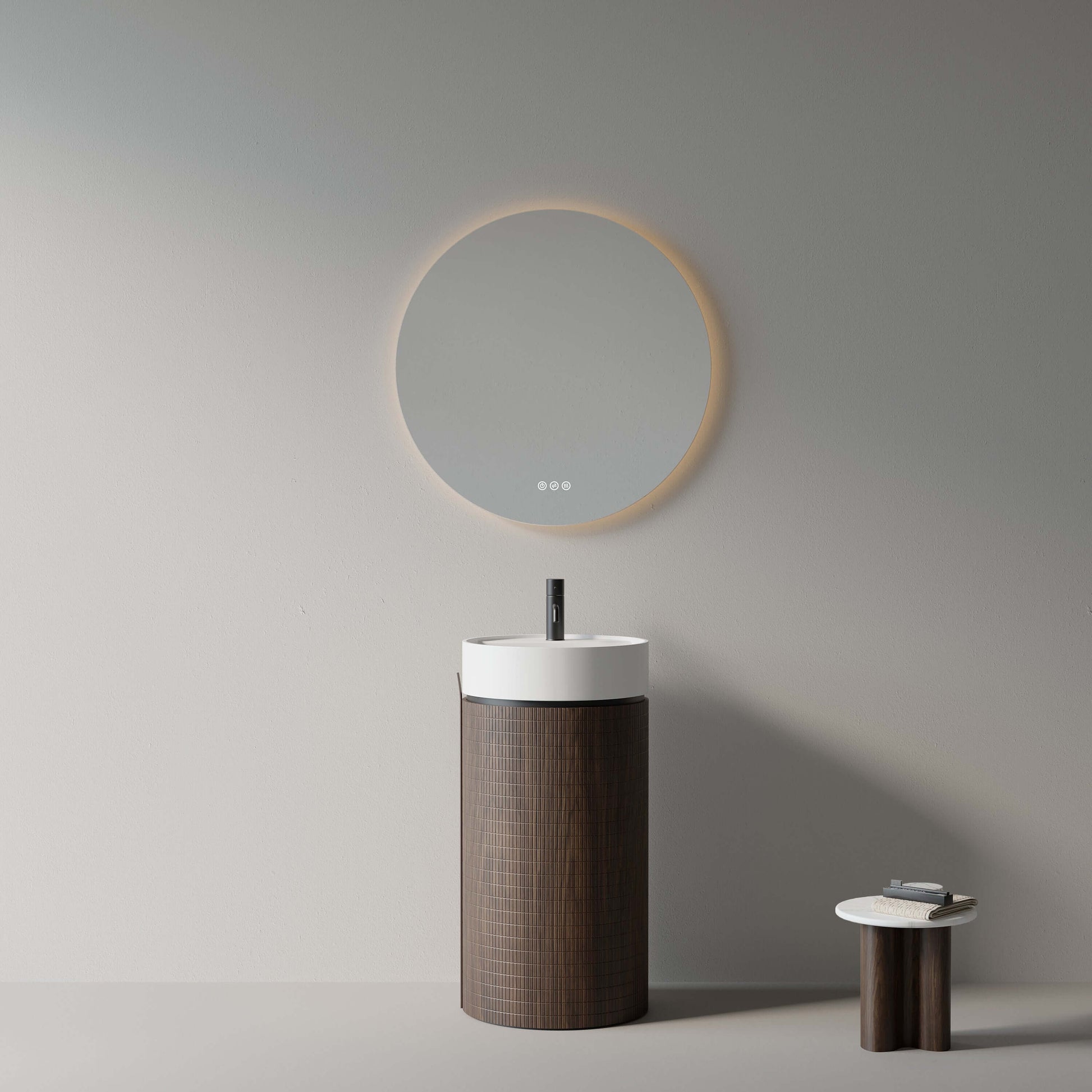 Design moderno del lavabo freestanding 45 cm con specchio tondo retroilluminato, ideale per ogni ambiente.