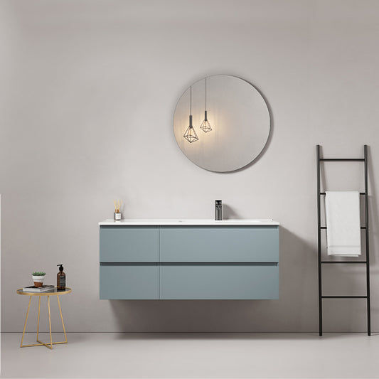 Mobile bagno sospeso 120 cm Blu Avio Lavabo a Destra in Ceramica Specchio Tondo - Fiji Paint
