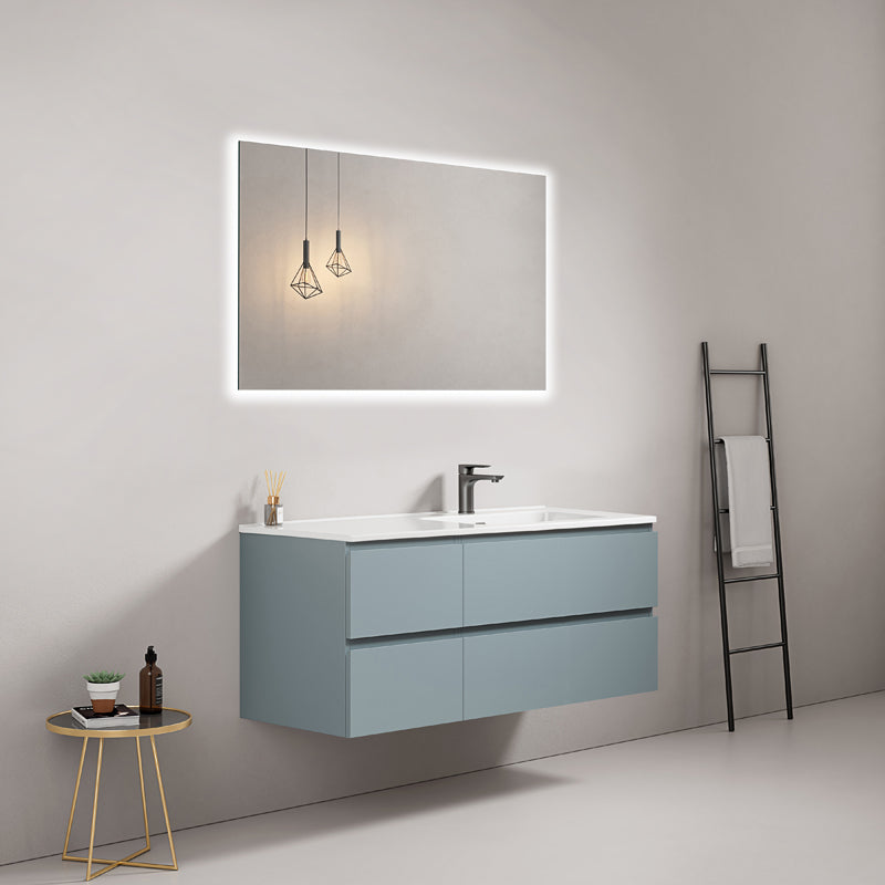 Mobile bagno sospeso 120 cm Blu Avio Lavabo a Destra in Ceramica Specchio Quadro Retroilluminato - Fiji Paint