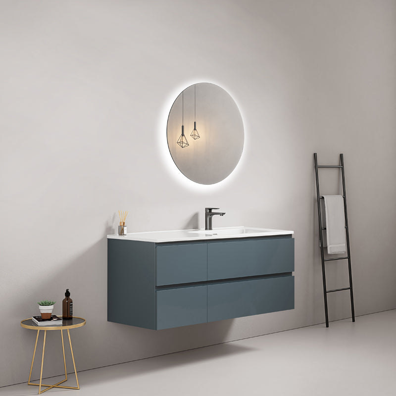 Mobile bagno sospeso 120 cm Blu Mare Lavabo a Destra in Ceramica Specchio Tondo Retroilluminato - Fiji Paint