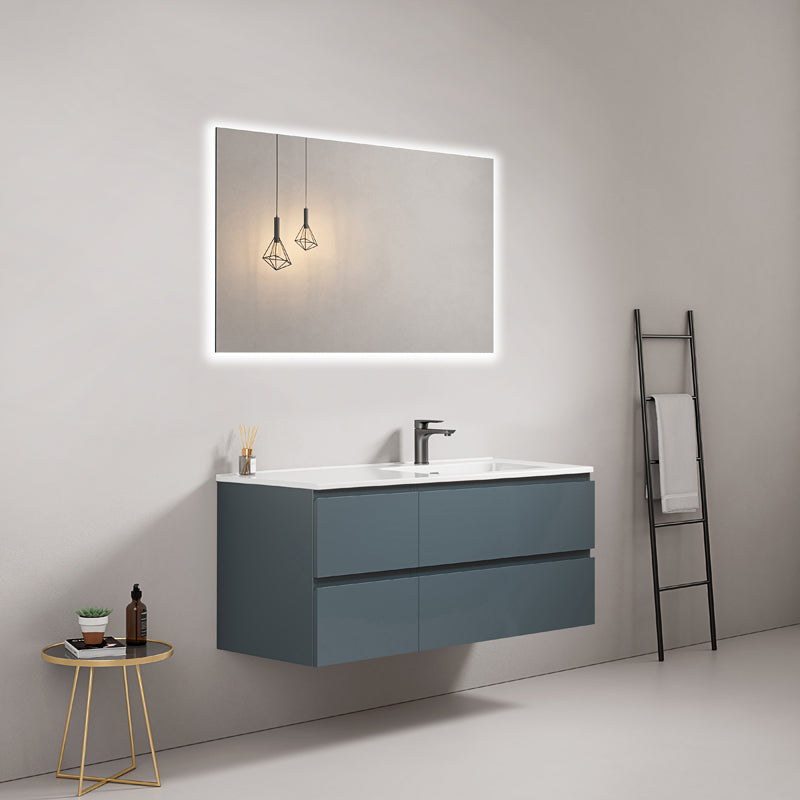 Mobile bagno sospeso 120 cm Blu Mare Lavabo a Destra in Ceramica Specchio Quadro Retroilluminato - Fiji Paint